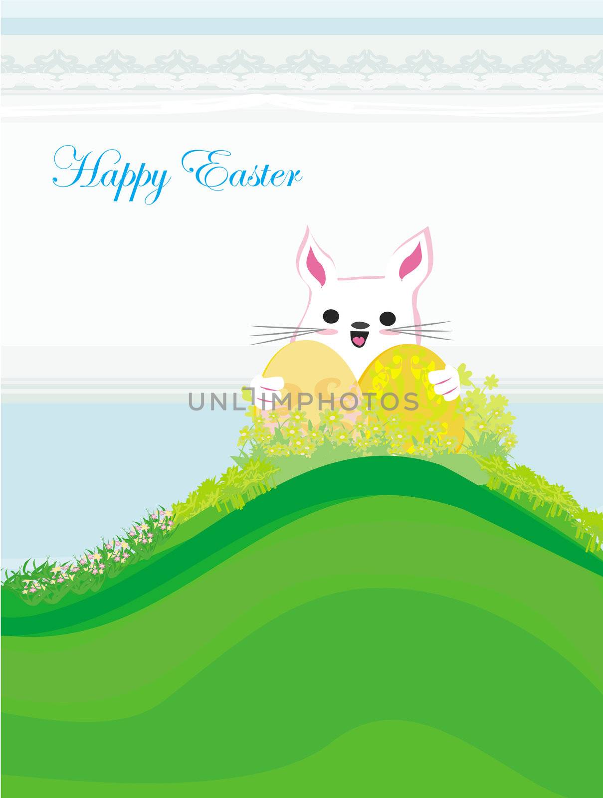 Illustration of happy Easter bunny carrying egg