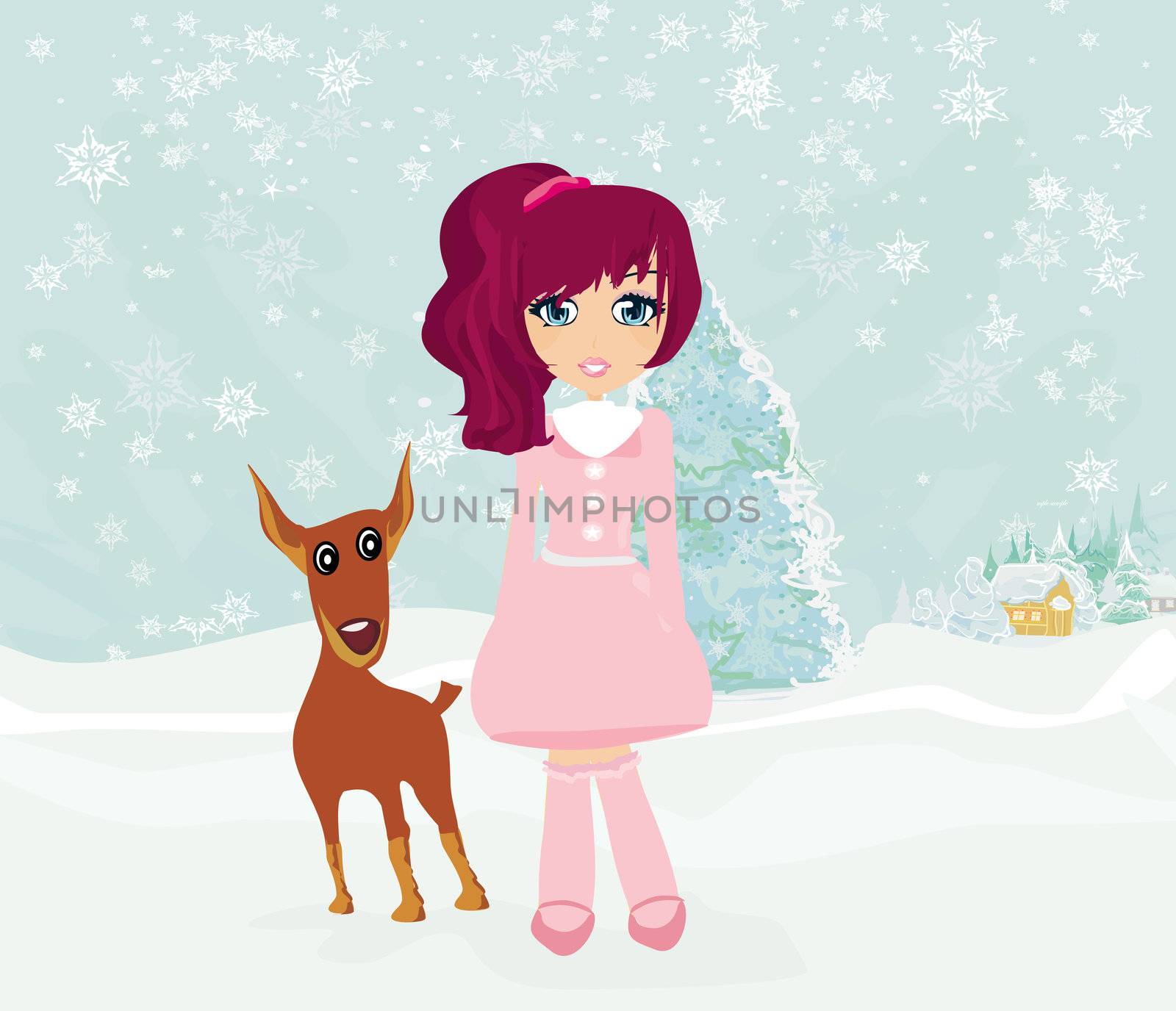 winter girl and her dog