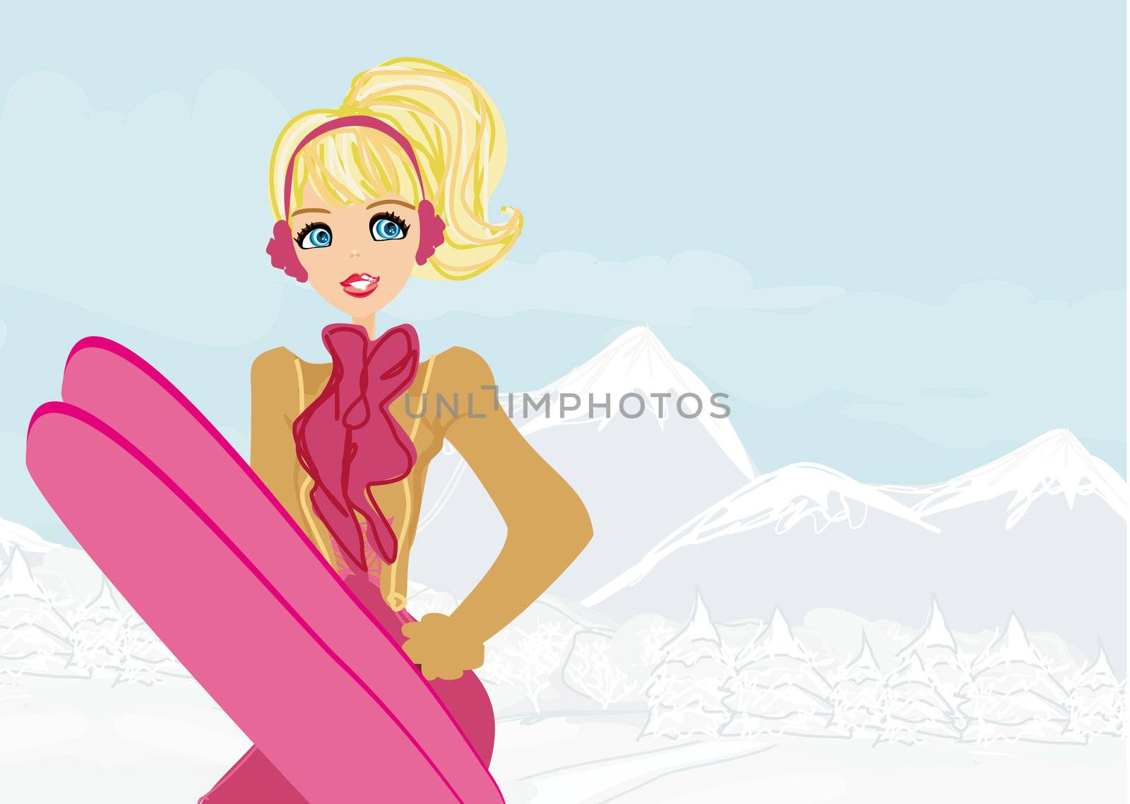 Beautiful blonde girl with skis on a winter background