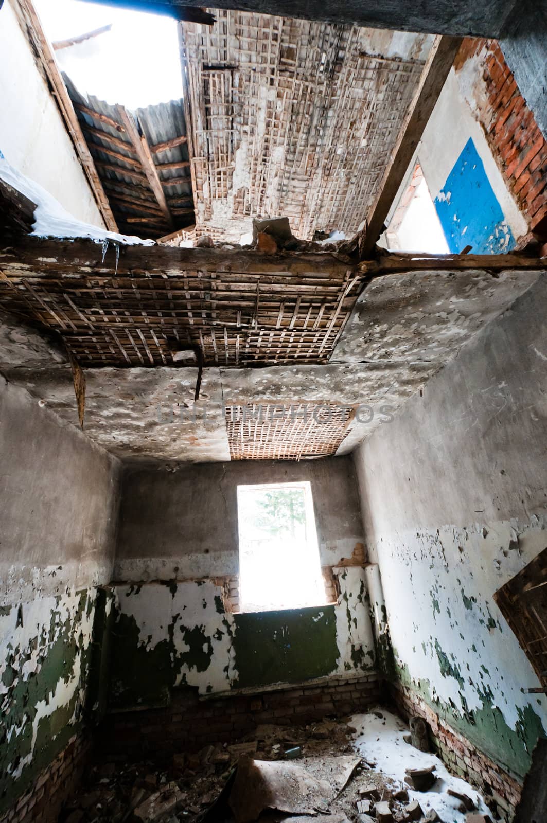 Broken and dirty room in old abandoned house, grungy composition
