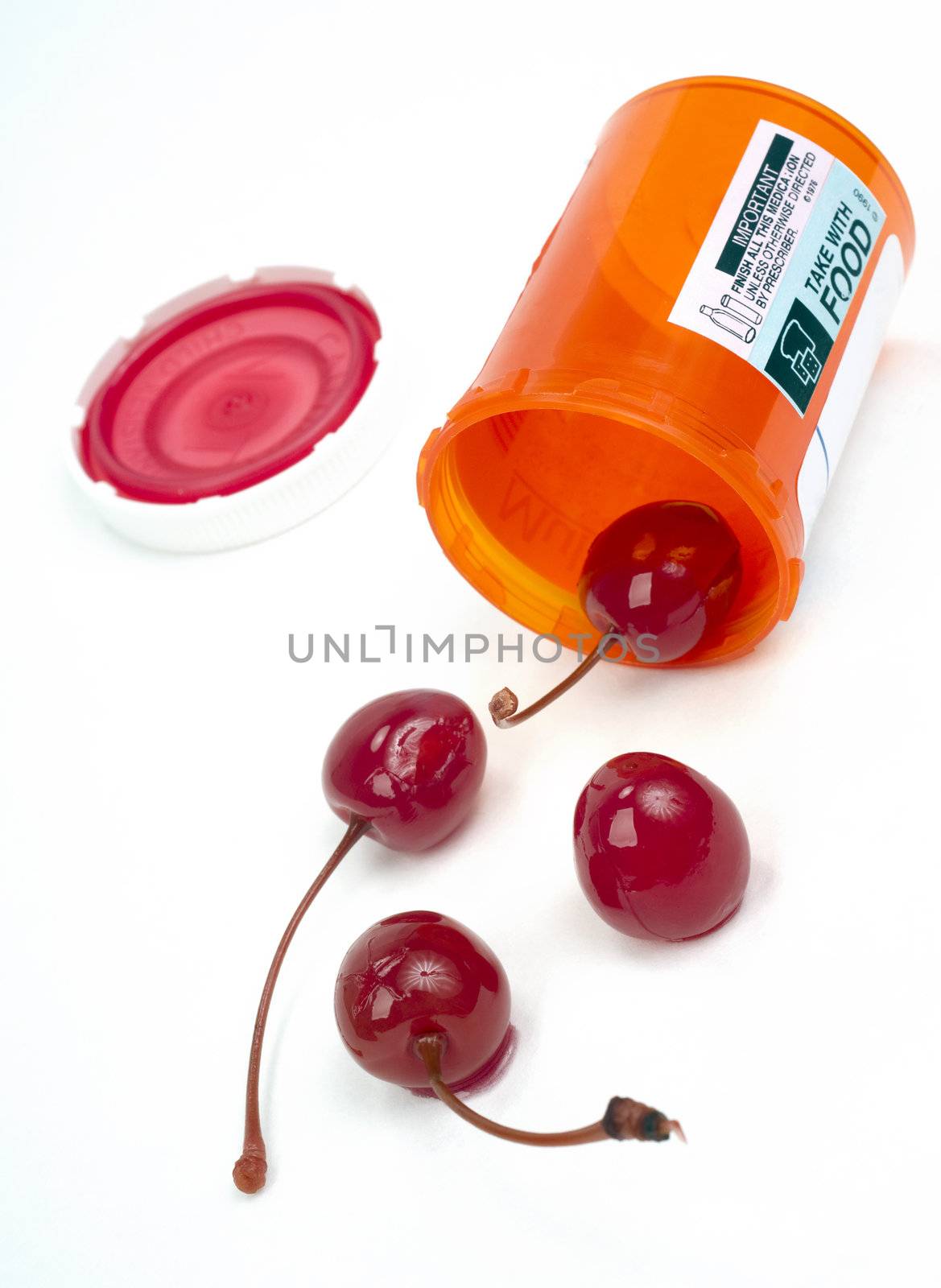 Food Cherries Roll out of Pharmacy Medicine Container by ChrisBoswell