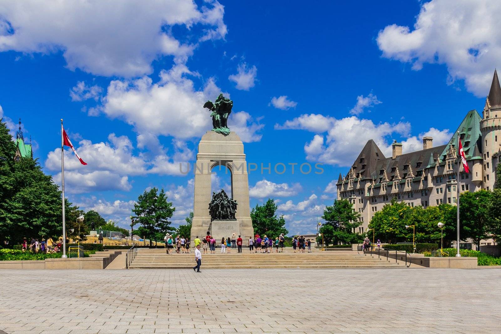 The Canadian National War Memorial Statue beside Ottawa's Old Chateau Laurier Hotel, Ontario, Canada