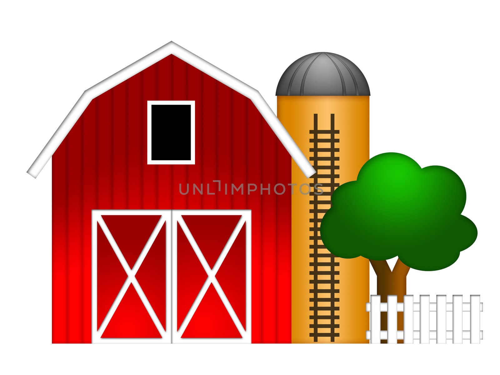 Red Barn with Grain Elevator Silo and Tree Illustration Isolated on White Background