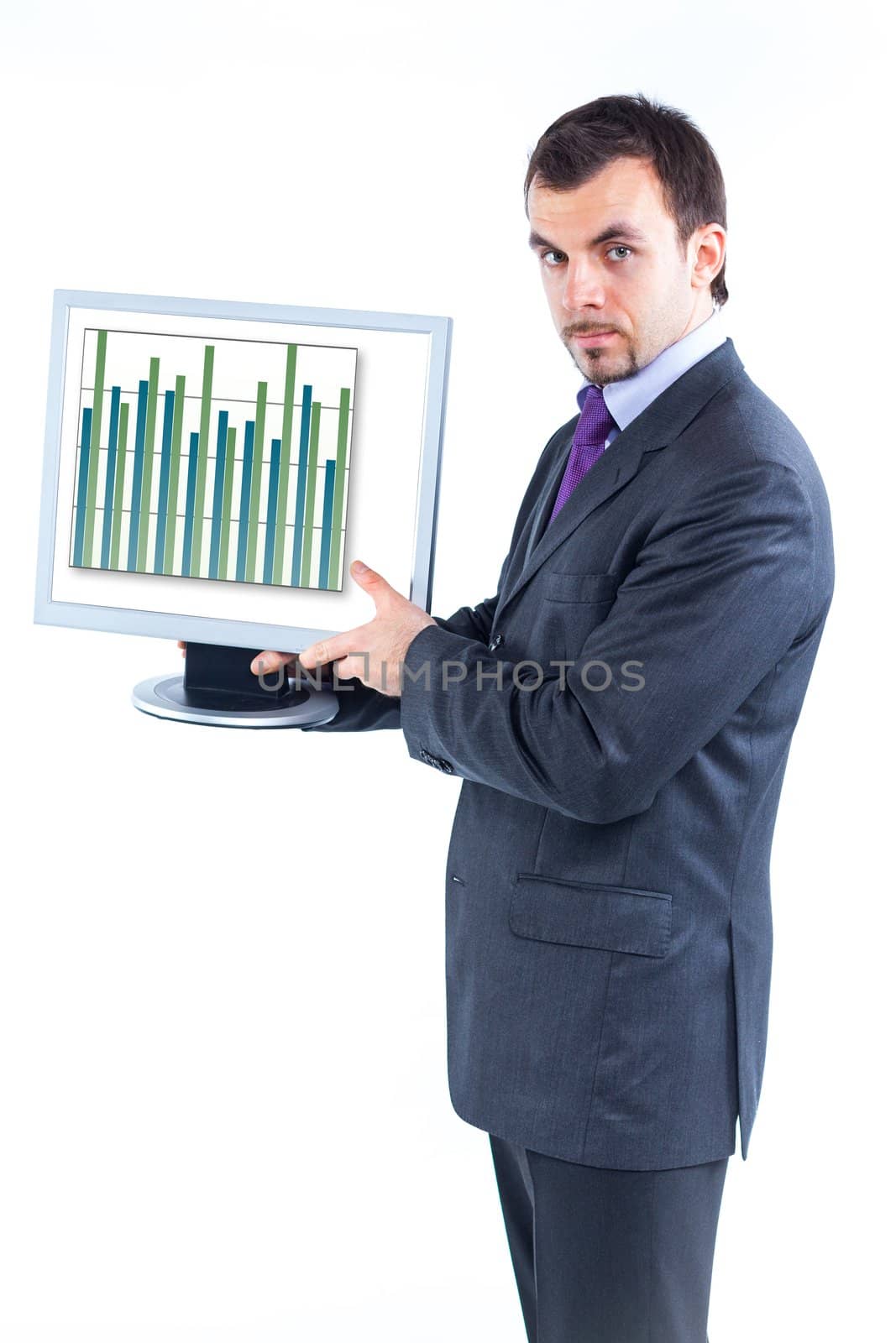 business man holding monitor with business graph, isolated