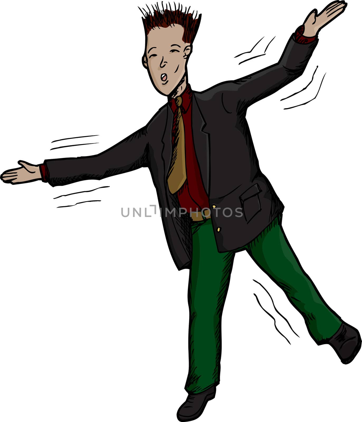 Businessman on one foot losing balance with arms up
