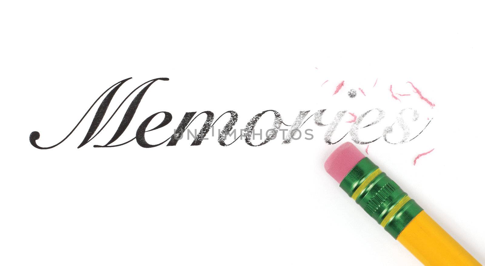 Close up of a yellow pencil erasing the word, 'memories'. Isolated on white.