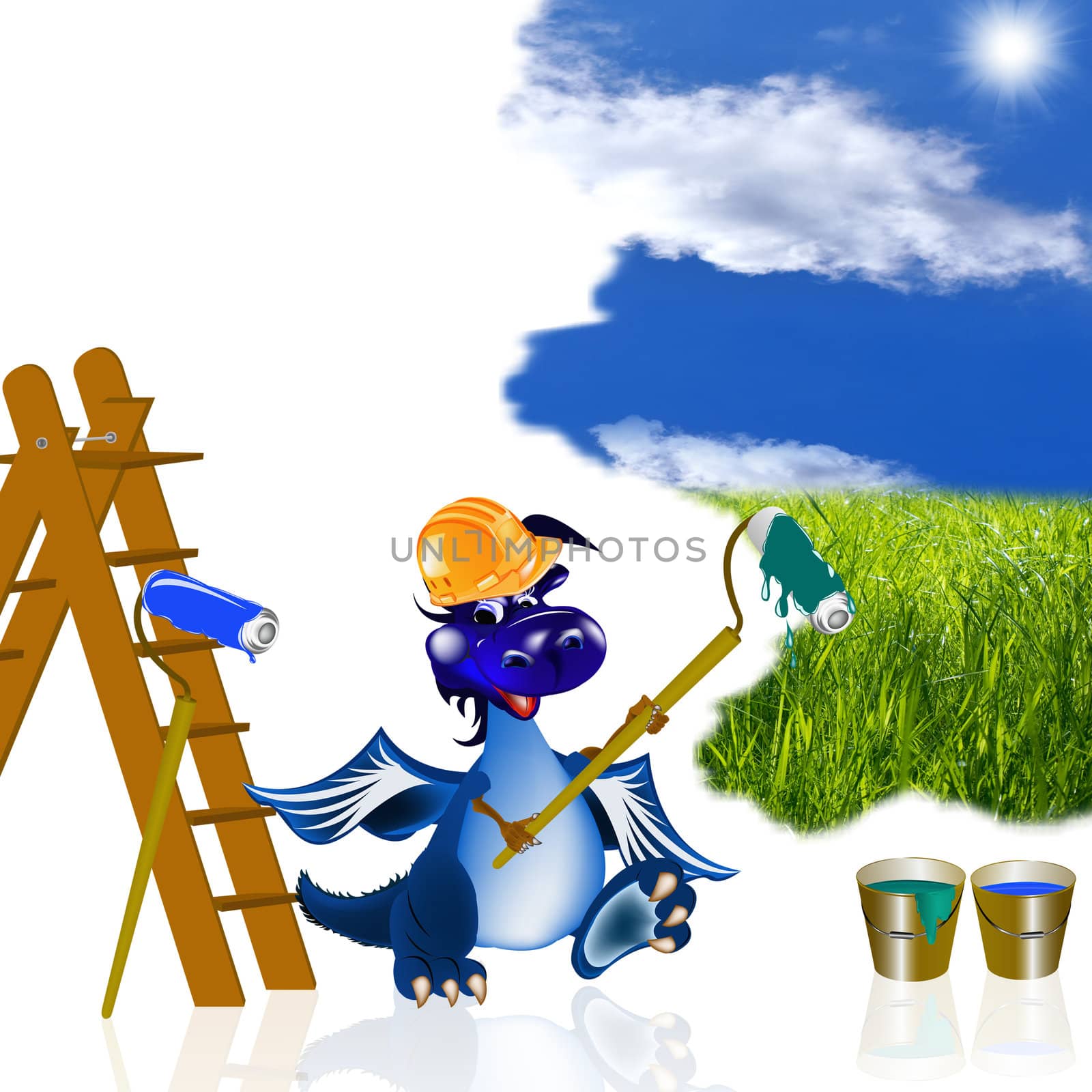 The dark blue dragon-house painter on a step-ladder will paint your life in colours of beauty and happiness