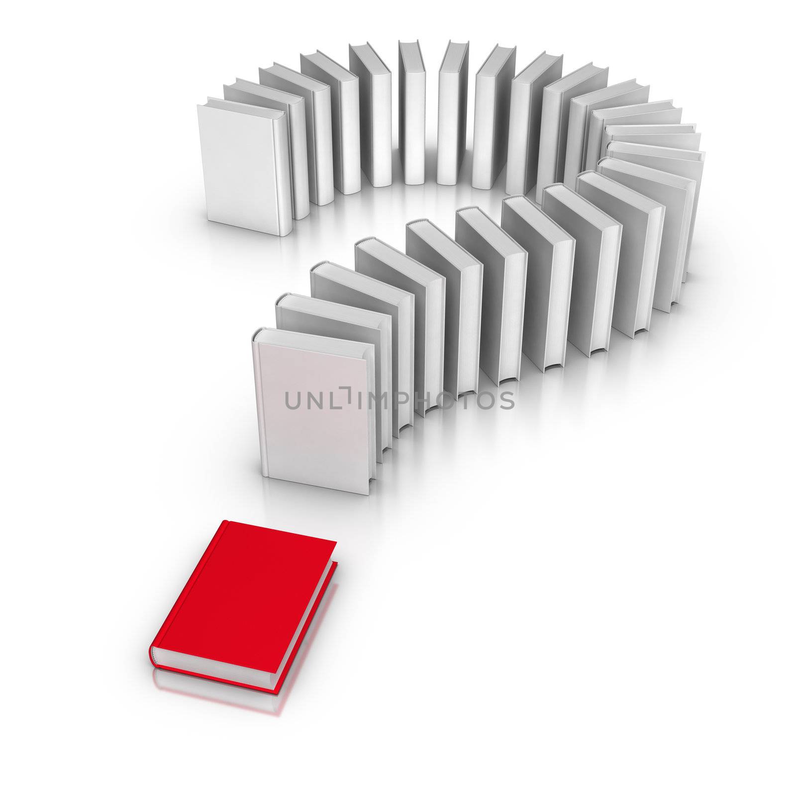 3D rendered books in question mark form.