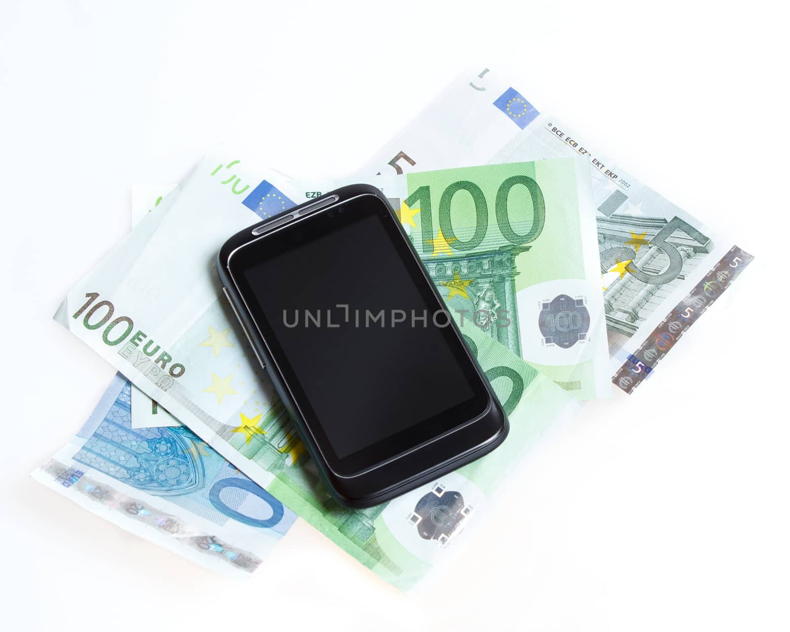 Modern mobile smart phone and  euro banknotes on white background