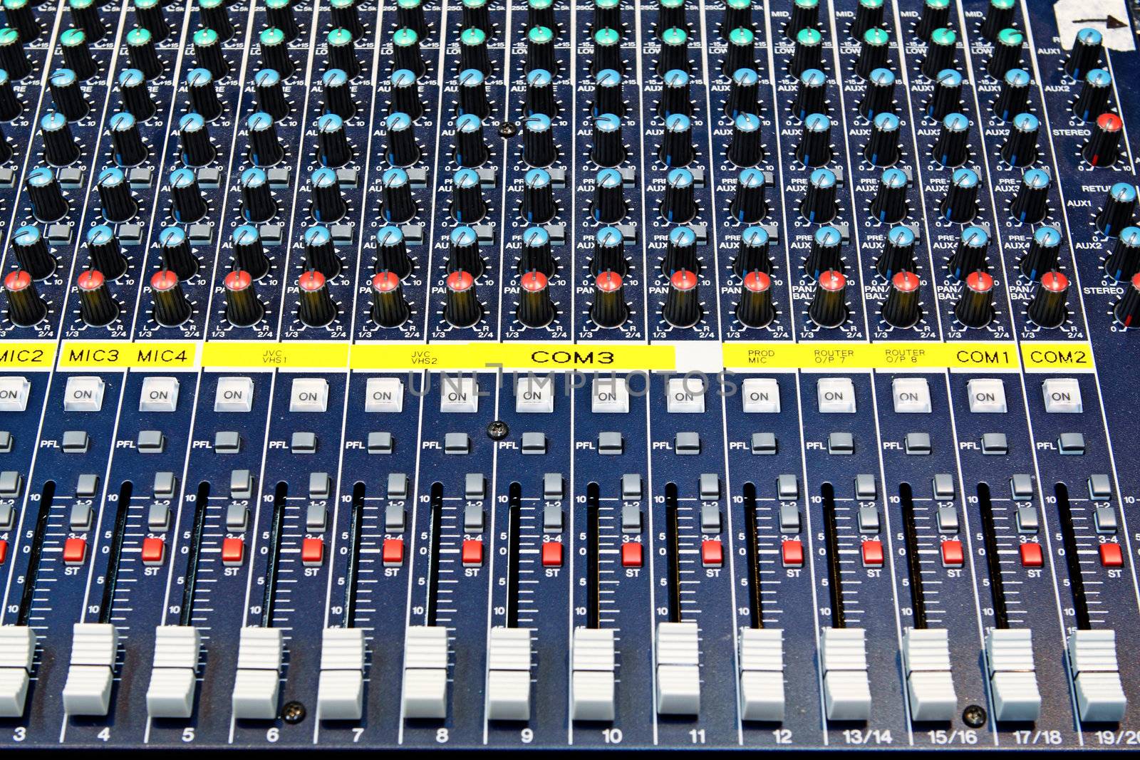 Part of an audio sound mixer with buttons 