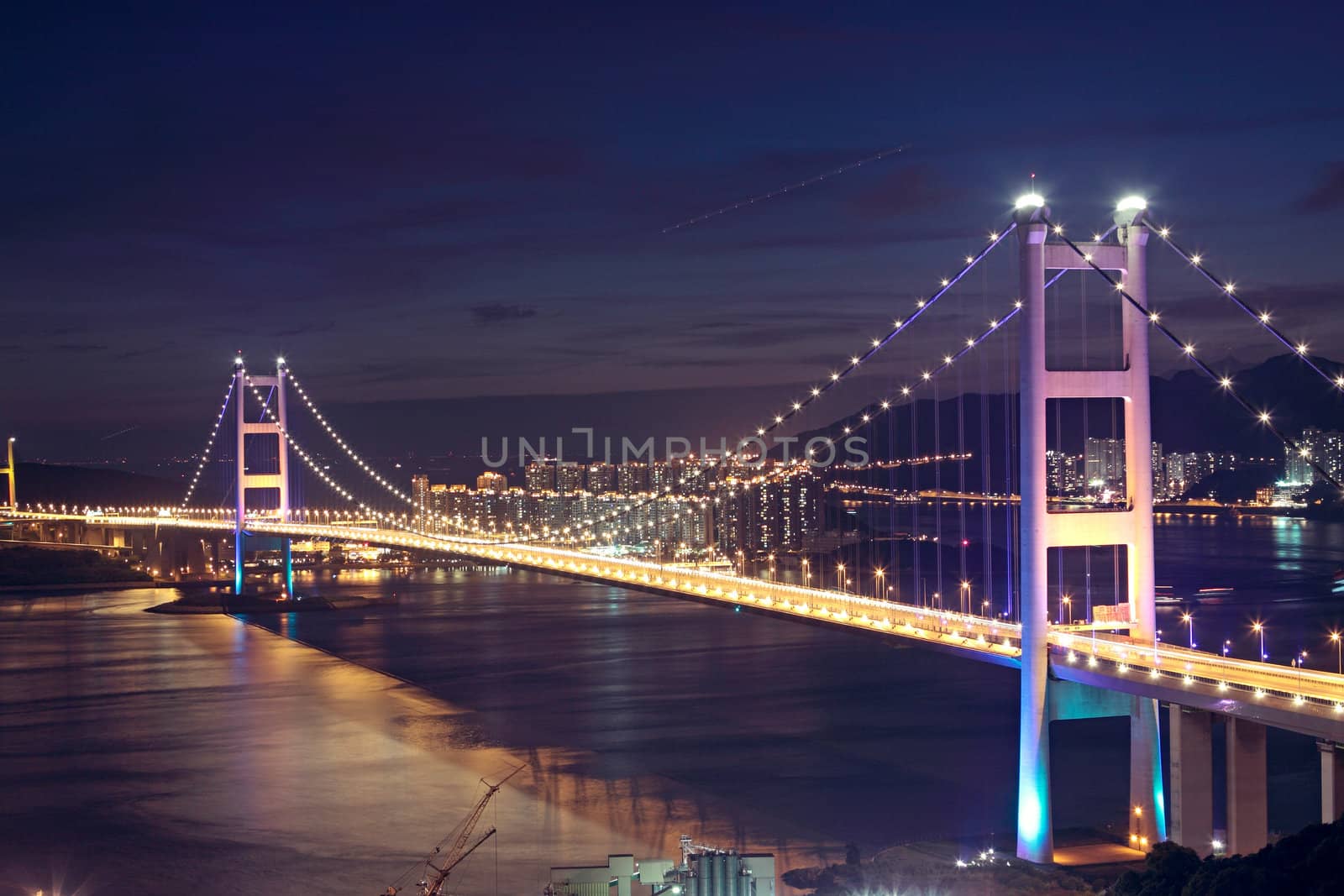 Beautiful night scenes of Tsing Ma Bridge in Hong Kong. 