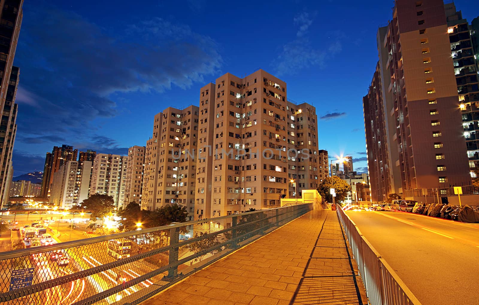 Modern Urban City with Freeway Traffic at Night, hong kong