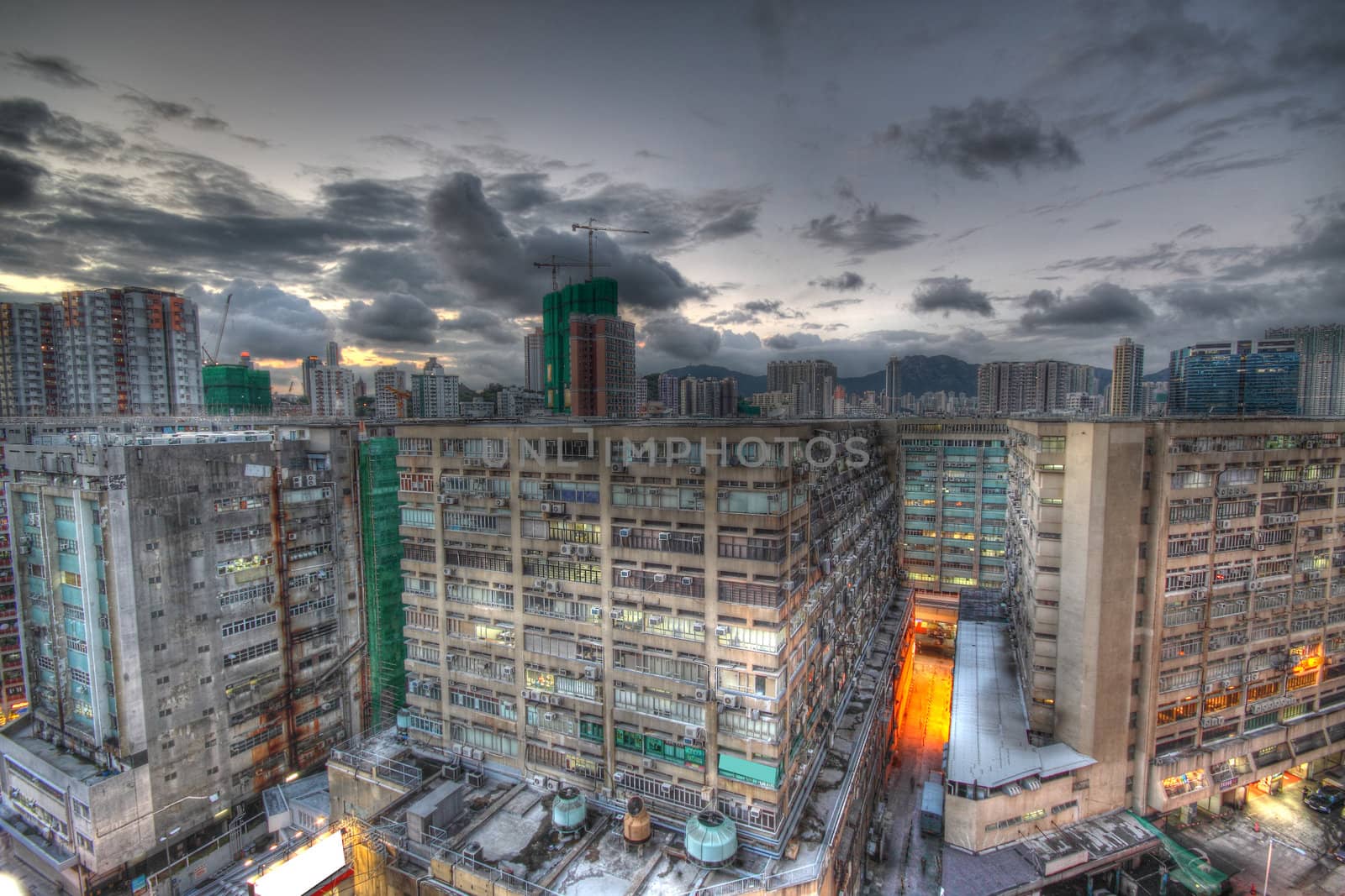 downtown city and old building in sunset