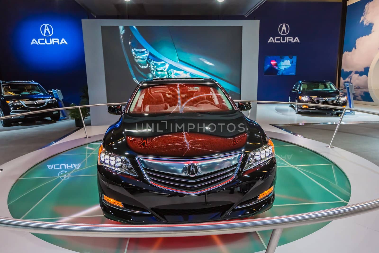 A black 2013 Acura RLX in Montreal auto show, Quebec, Canada