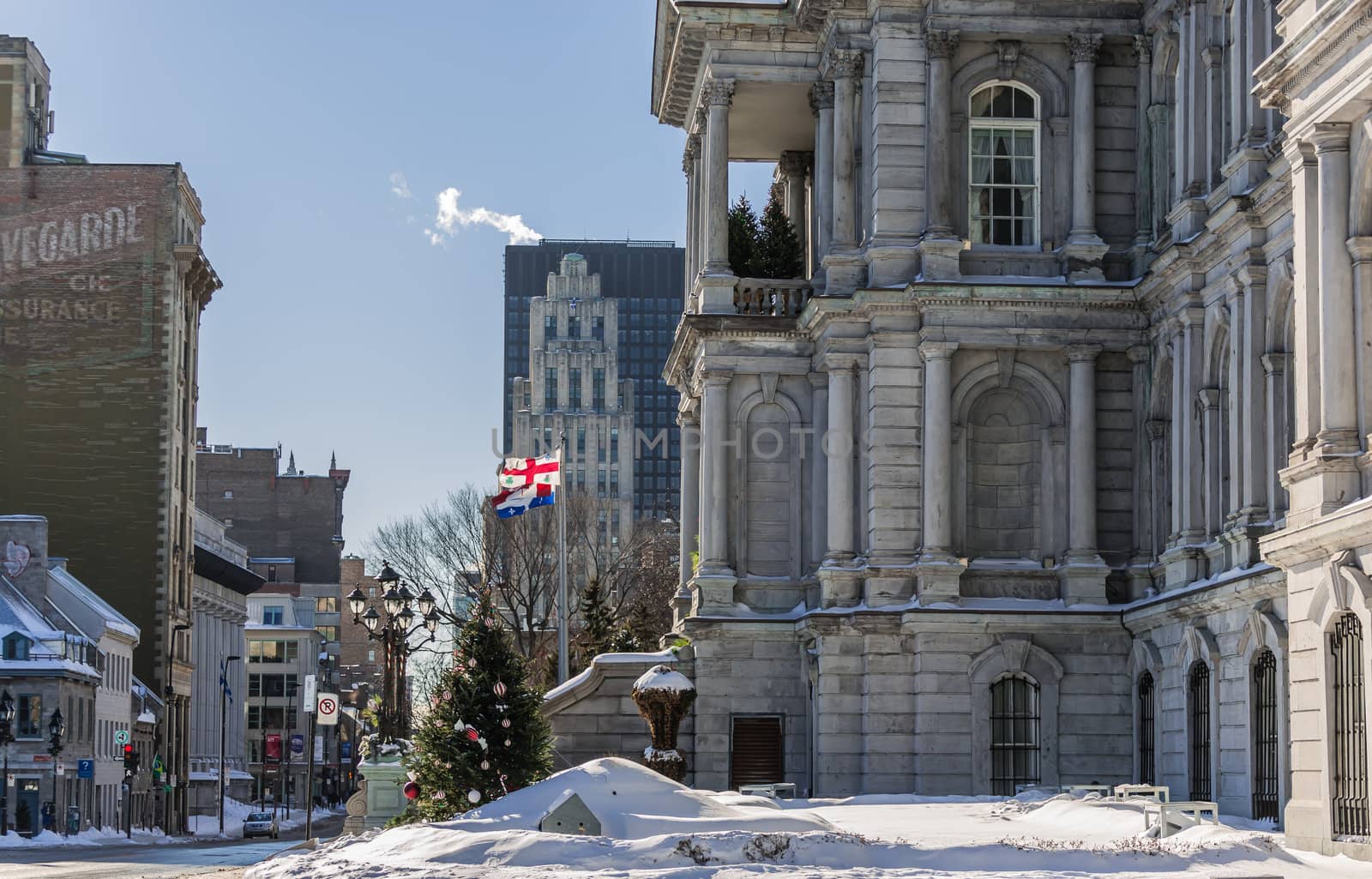  An old building in a really cold winter day in the Old Montreal, Quebec, Canada.