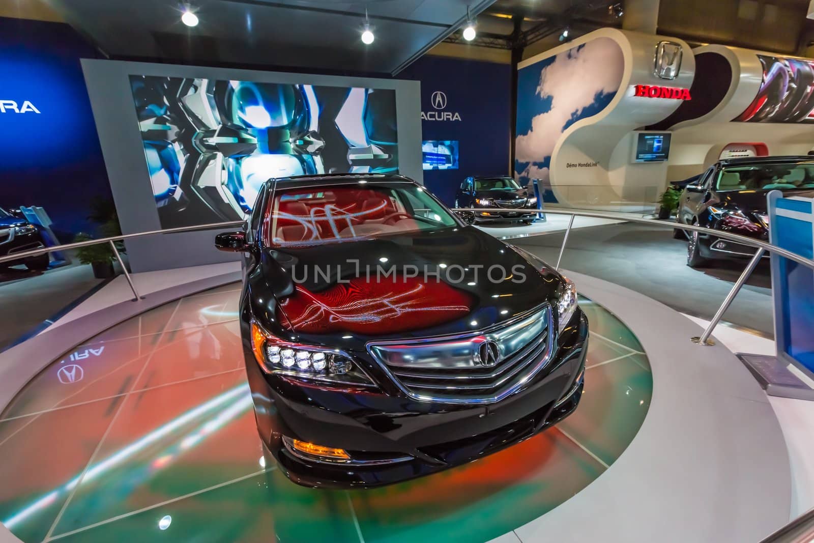 A black 2013 Acura RLX in Montreal auto show, Quebec, Canada