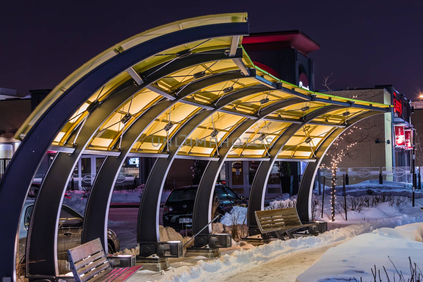 Amazing architecture in a cold winter night in Dix30, Quebec, Canada