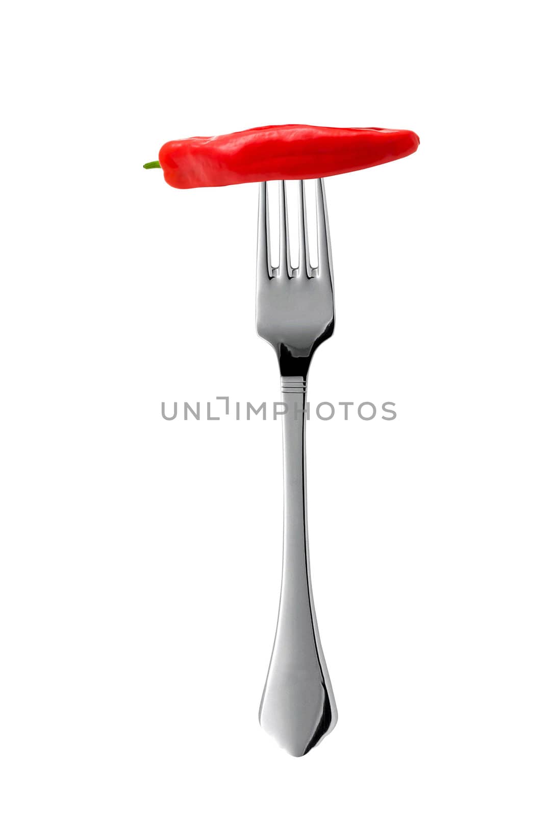 hot chilli pepper on fork isolated on white background