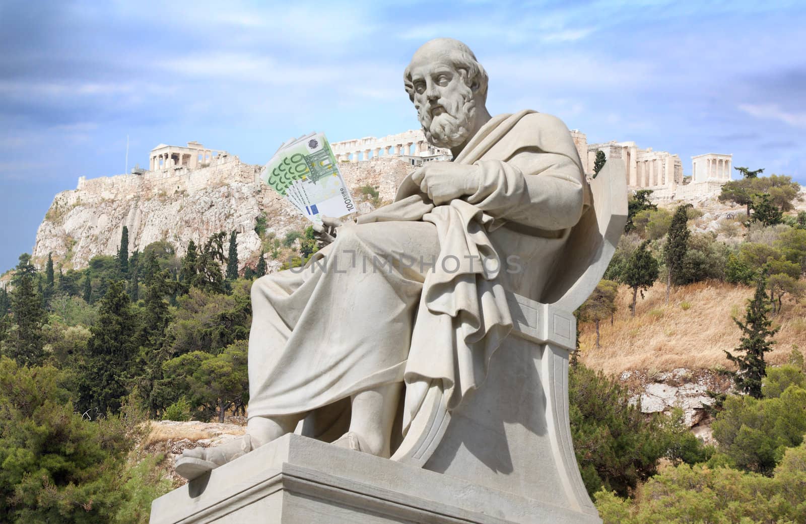 Conceptual composite regarding Greece bailout and Greek financial crisis. Ancient Greek philosopher Plato (neoclassical 19th century statue by Leonidas Drosis located in Panepistimiou Street in the centre of Athens) is holding euro banknotes in his hand. The ruins on top of the Acropolis in Athens are on the background.