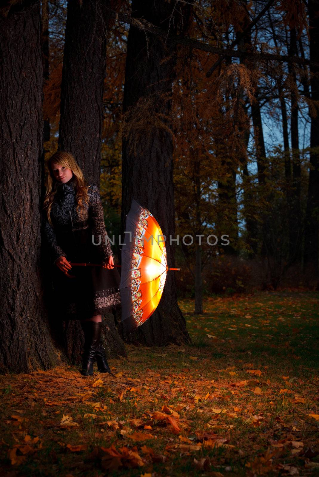 girl with umbrella in autumn park at evening