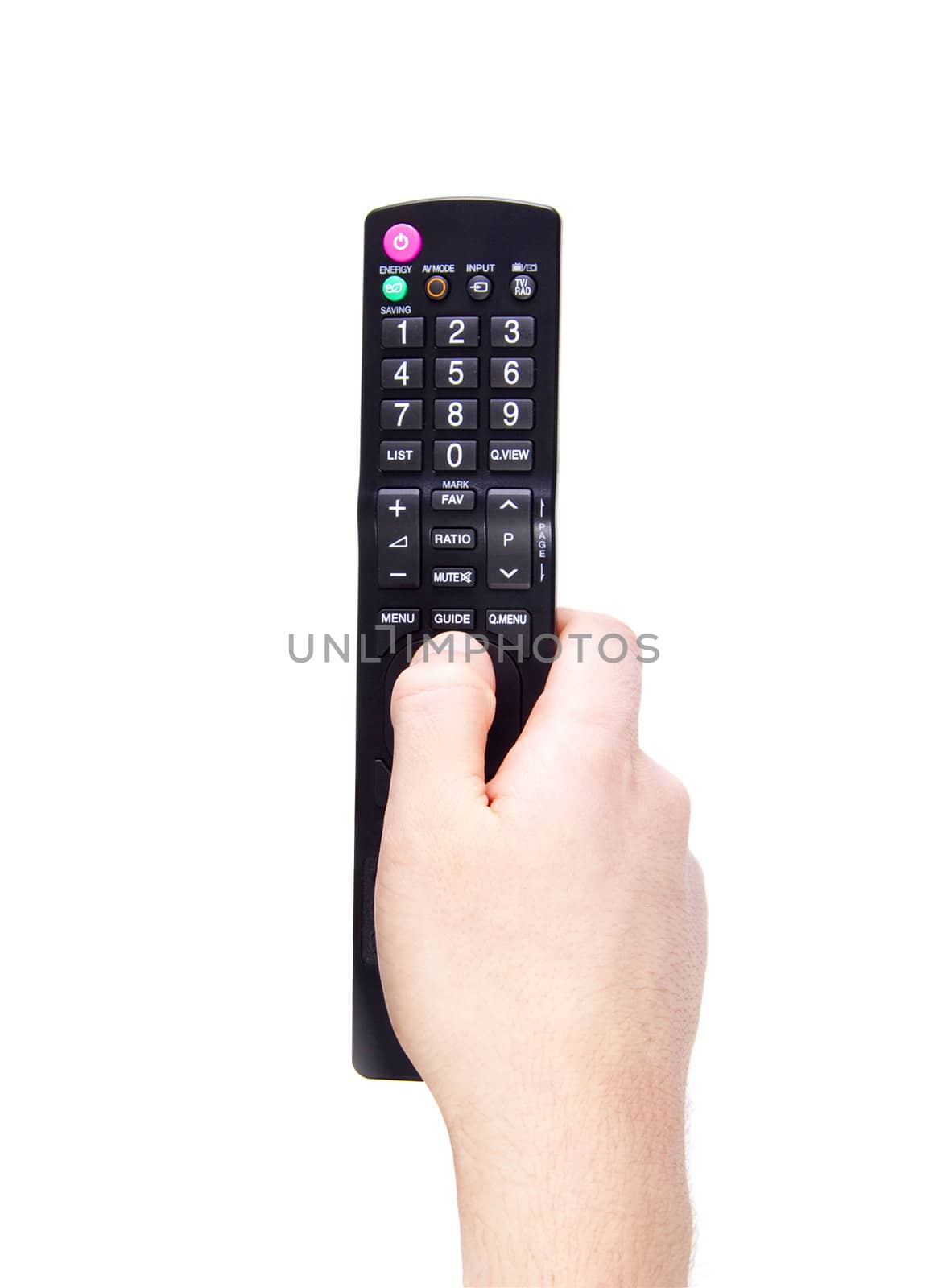 Hand with TV remote control isolated on white