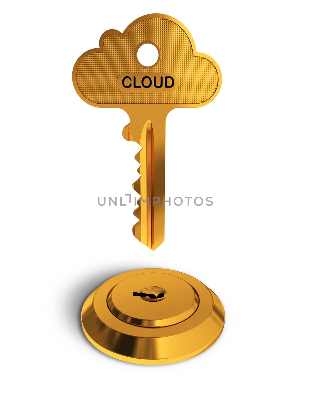 Cloud gold key on white  background - the shape of the key rapresent a cloud computing symbol - Conceptual image for access to new tecnologies.