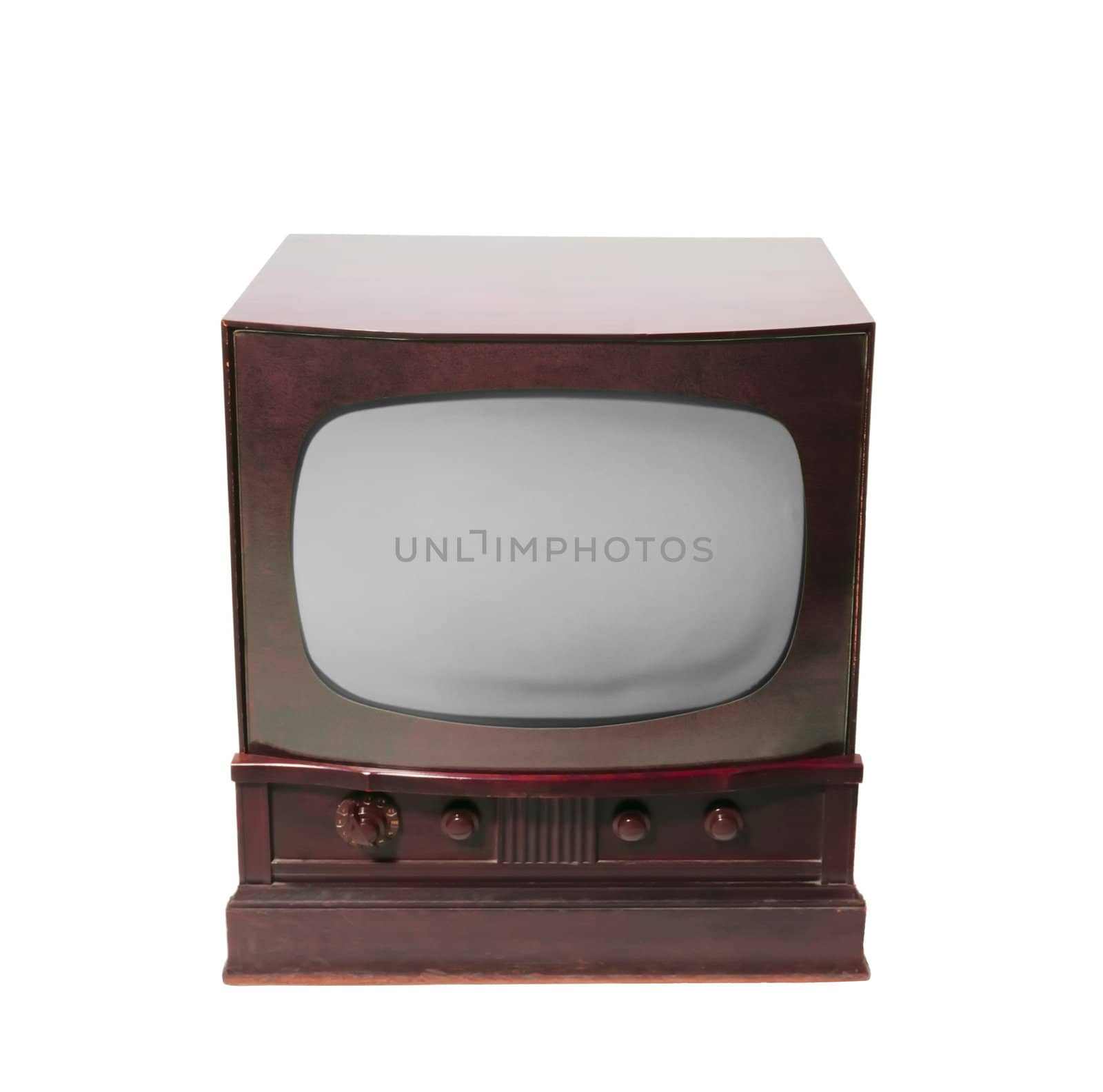 Front of 1960's old television on a white background