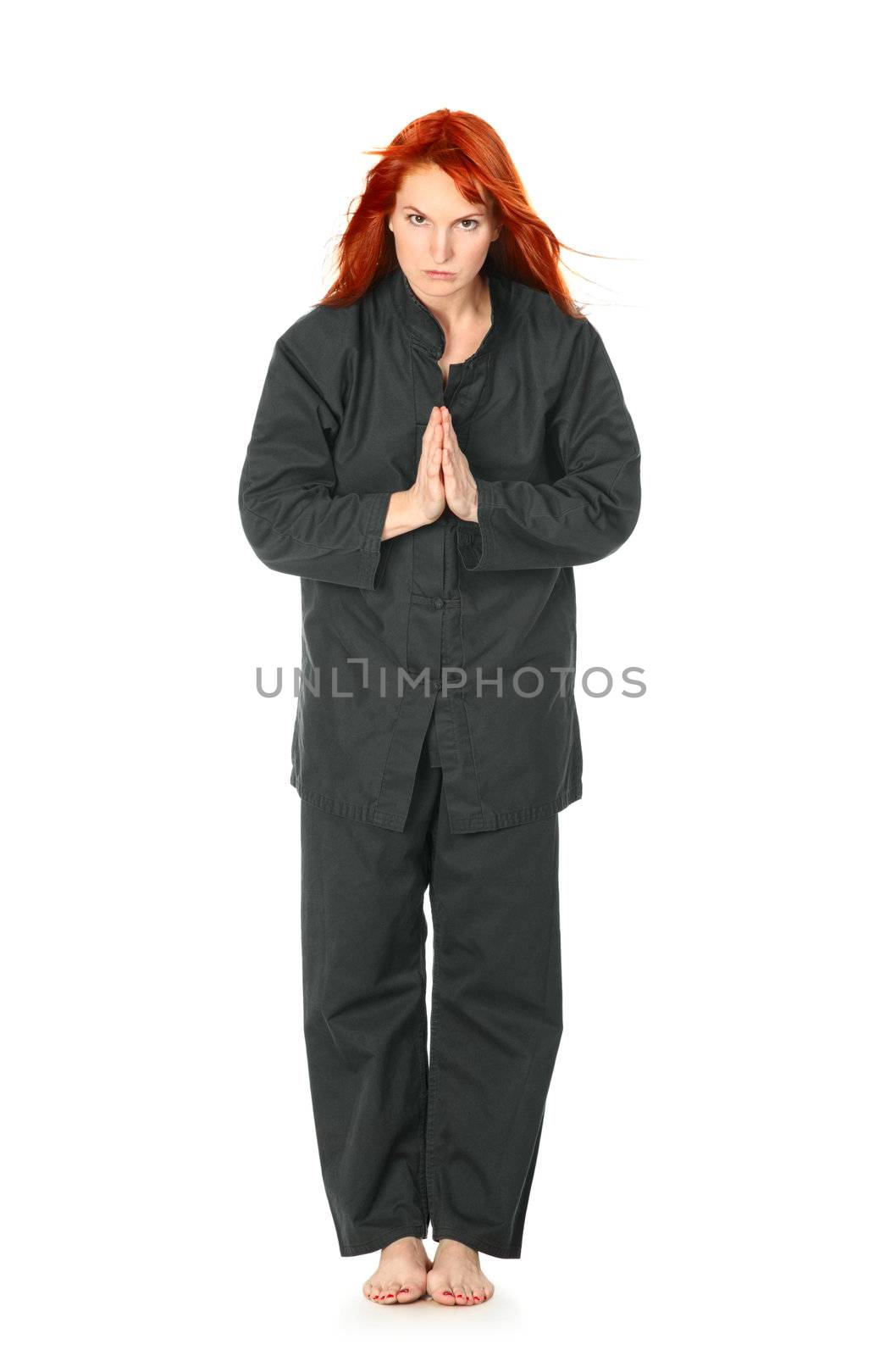 girl in black kimono regards, isolated on white