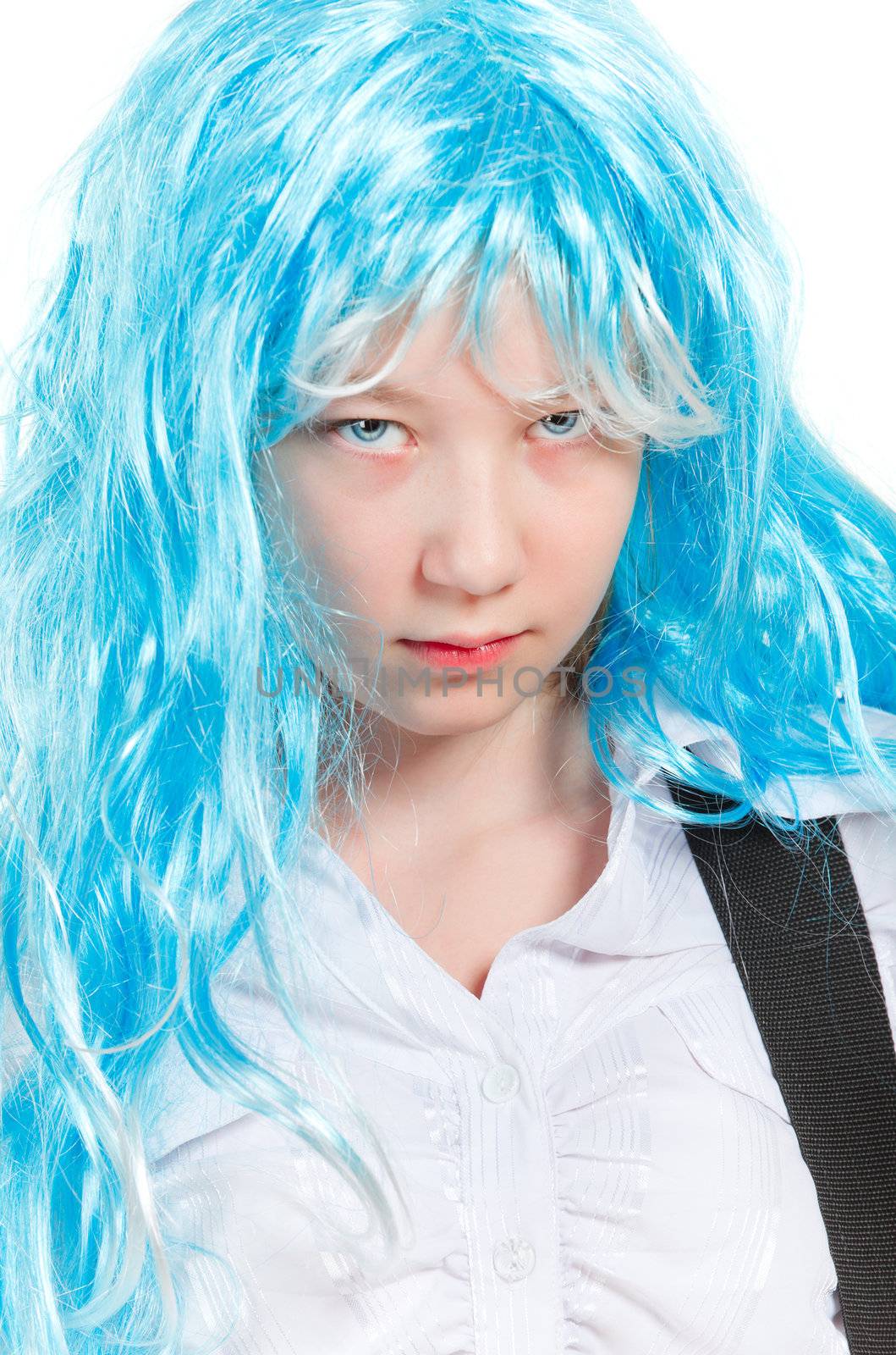 teenager girl rockstar in blue wig, isolated on white
