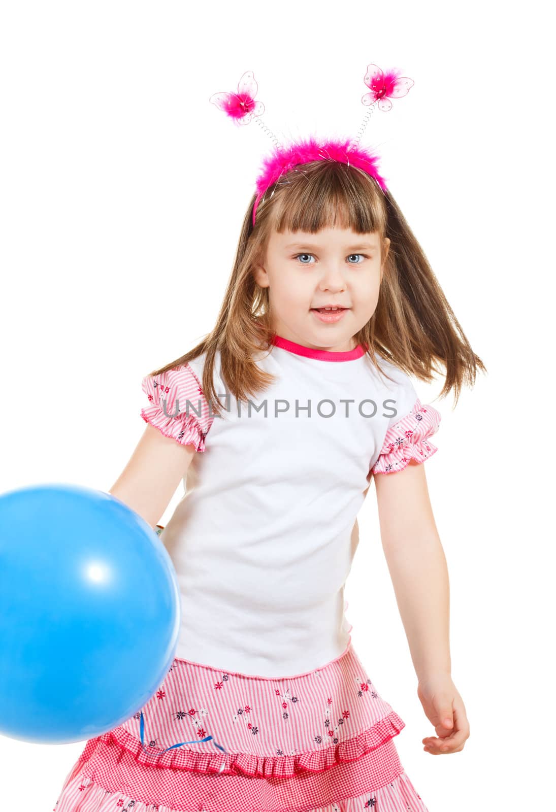 funny little girl with balloons, isolated on white