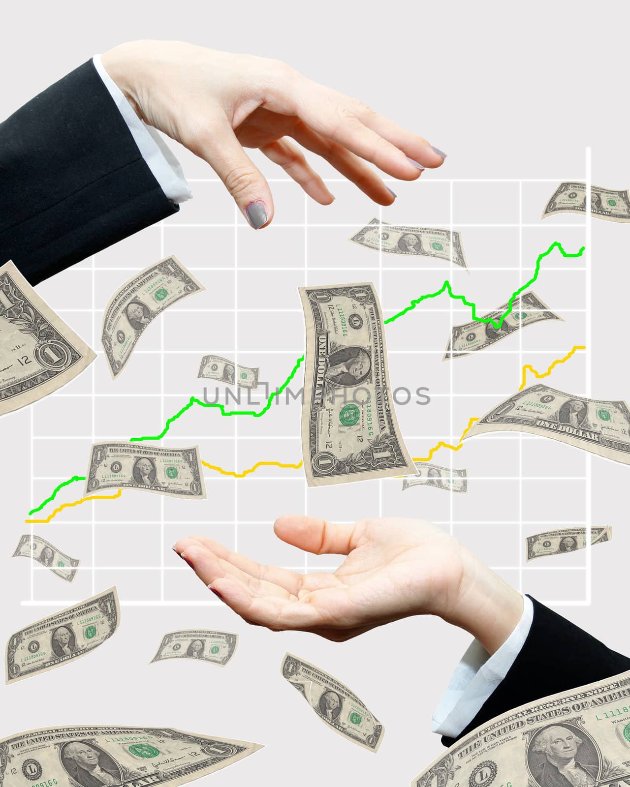 Dollar falling form woman hand with stock graph on background
