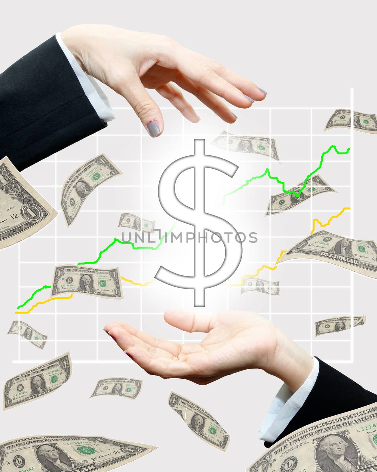 Dollar falling form woman hand with stock graph on background