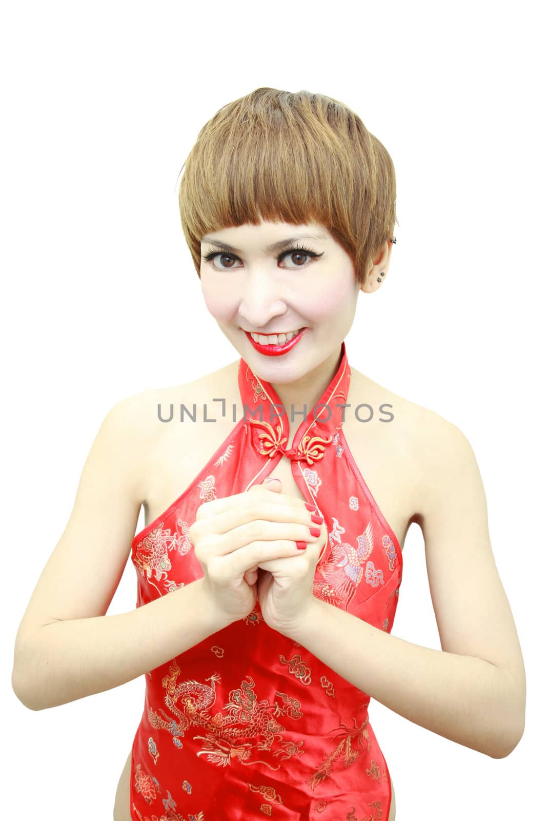 Oriental girl wishing you a happy Chinese New Year.