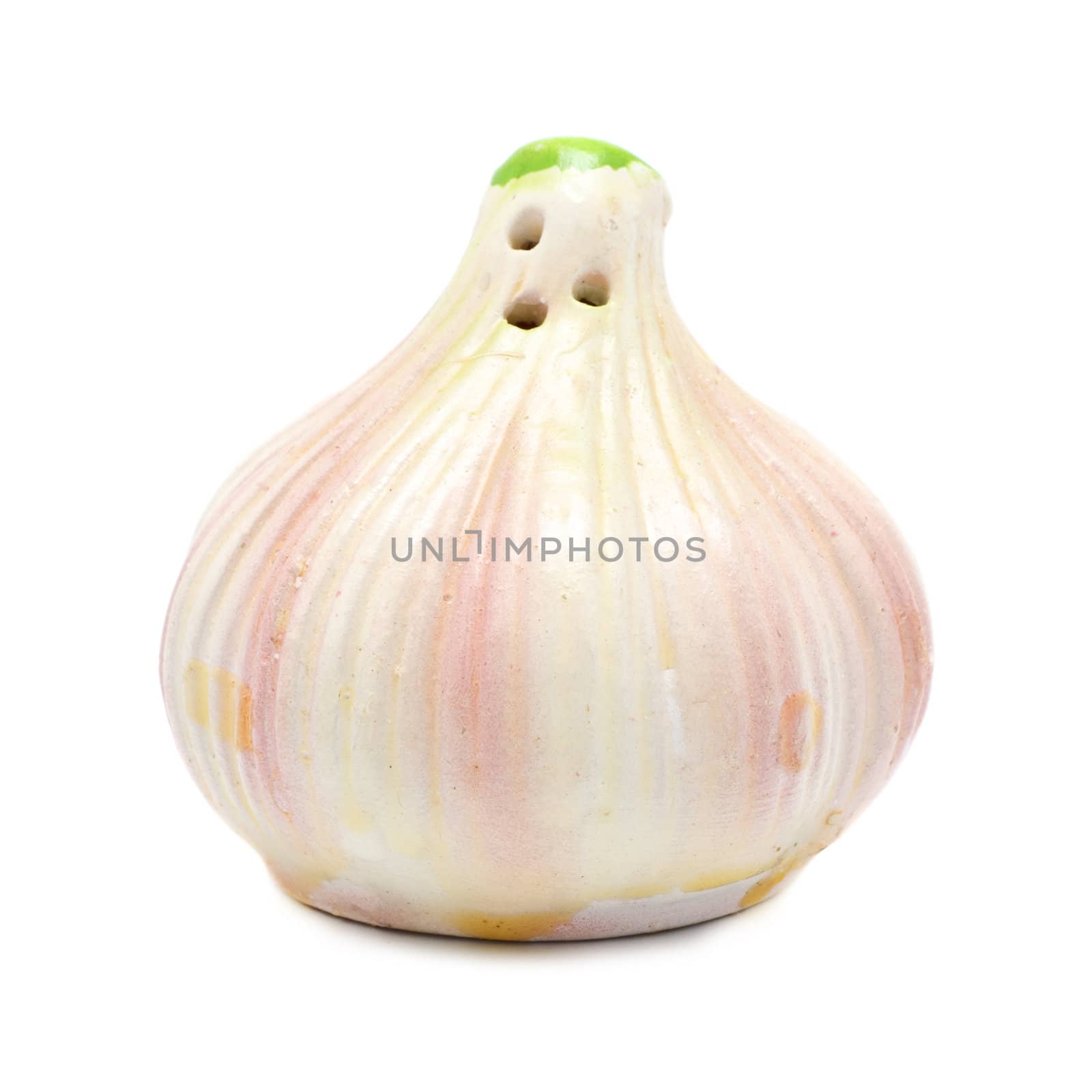 garlic shaped salt castor isolated on white