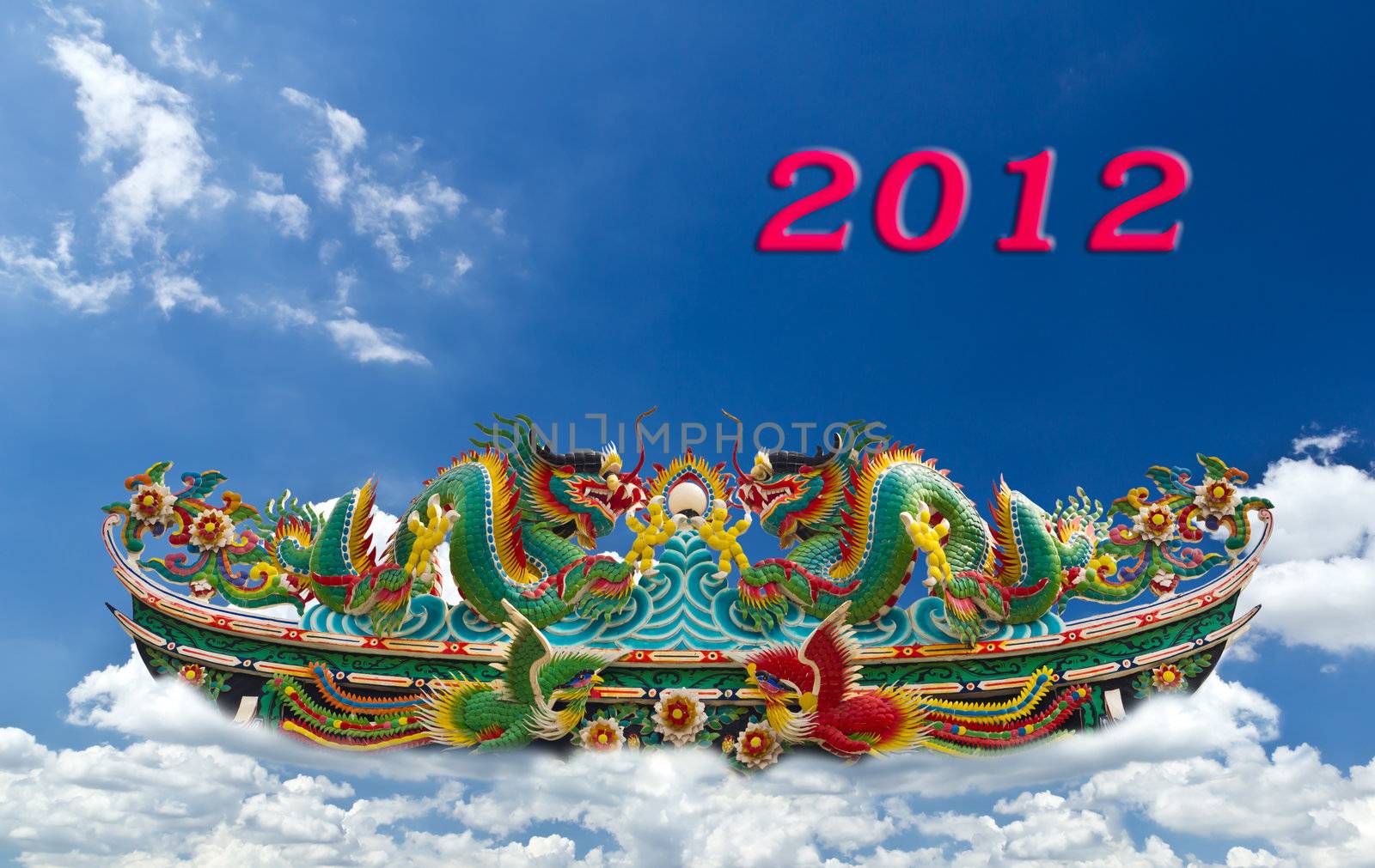 Twin dragon statue and happy new year 2012