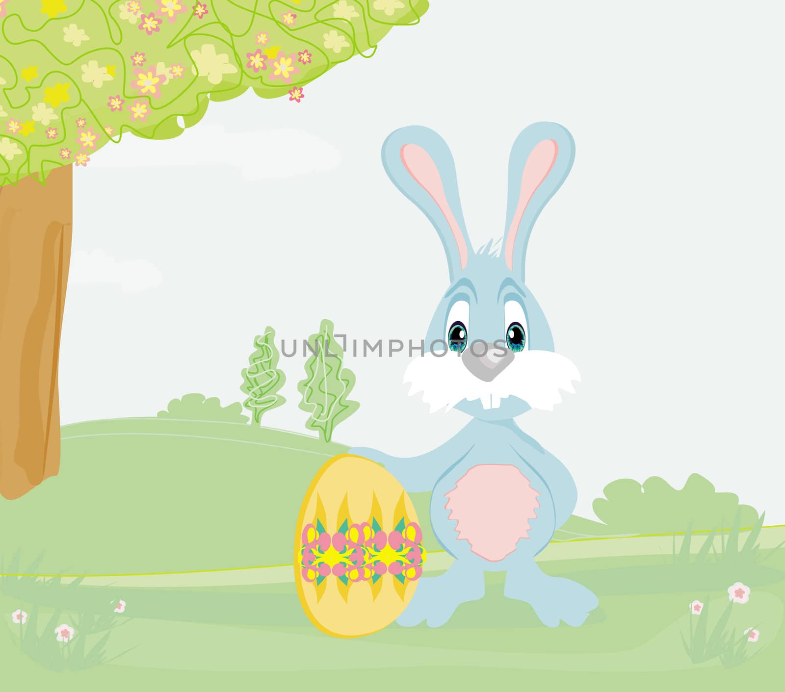 Illustration of happy Easter bunny carrying egg