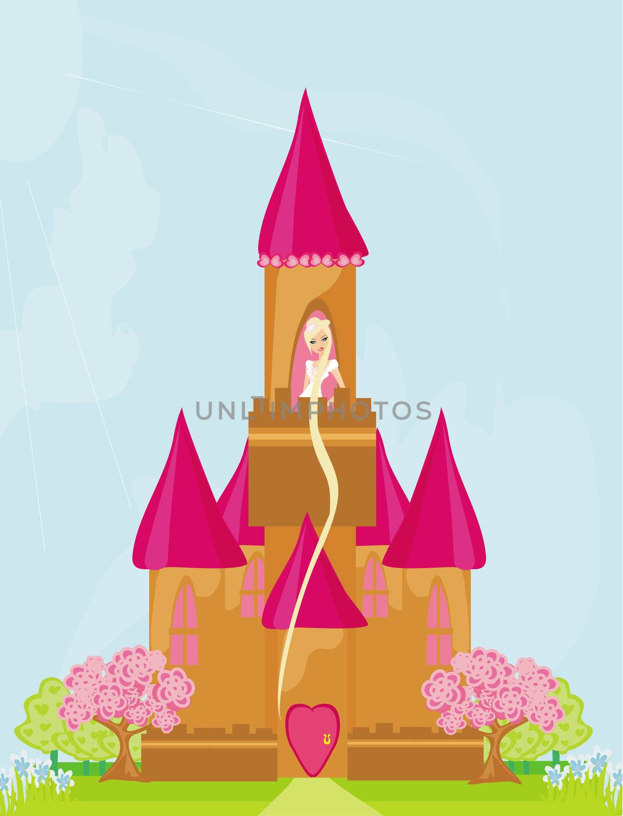 Illustration of princess in tower waiting for Prince
