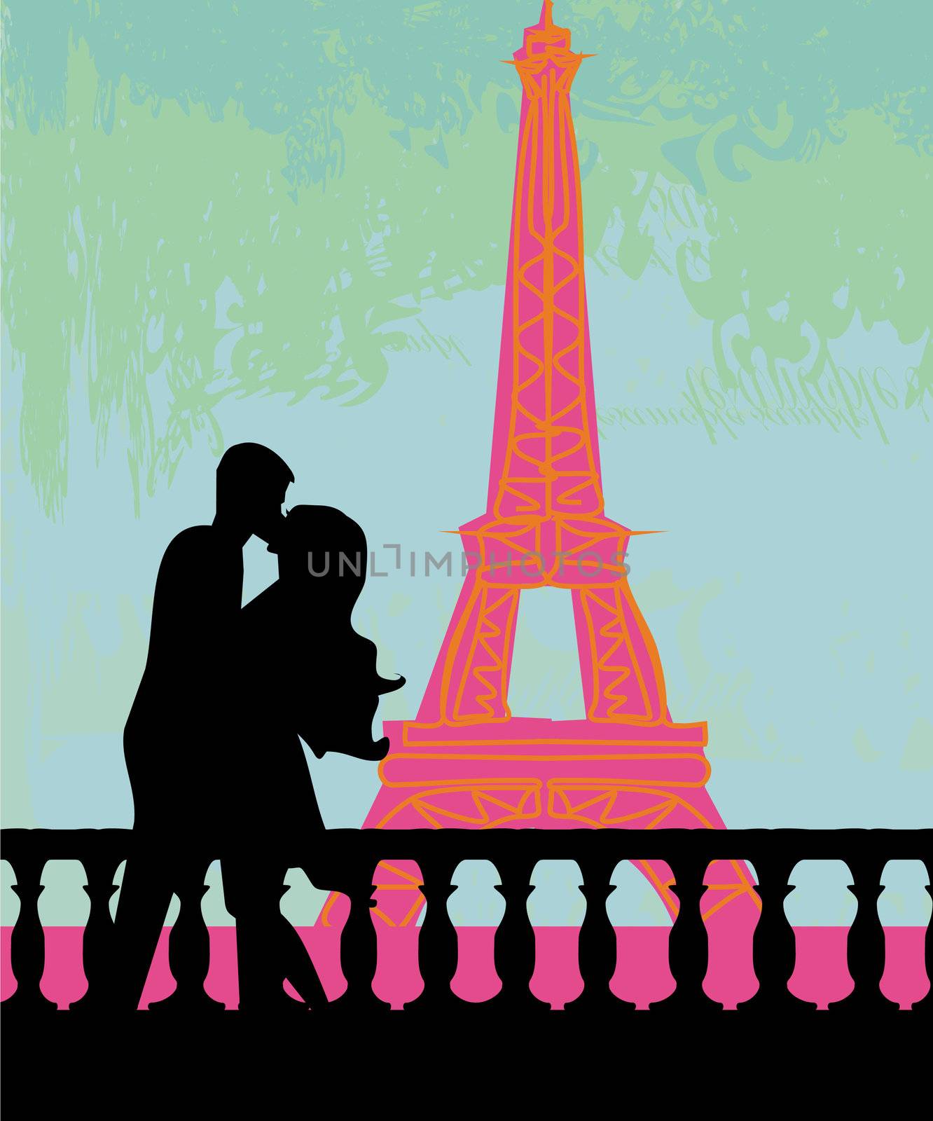 Romantic couple in Paris kissing near the Eiffel Tower. Retro card.