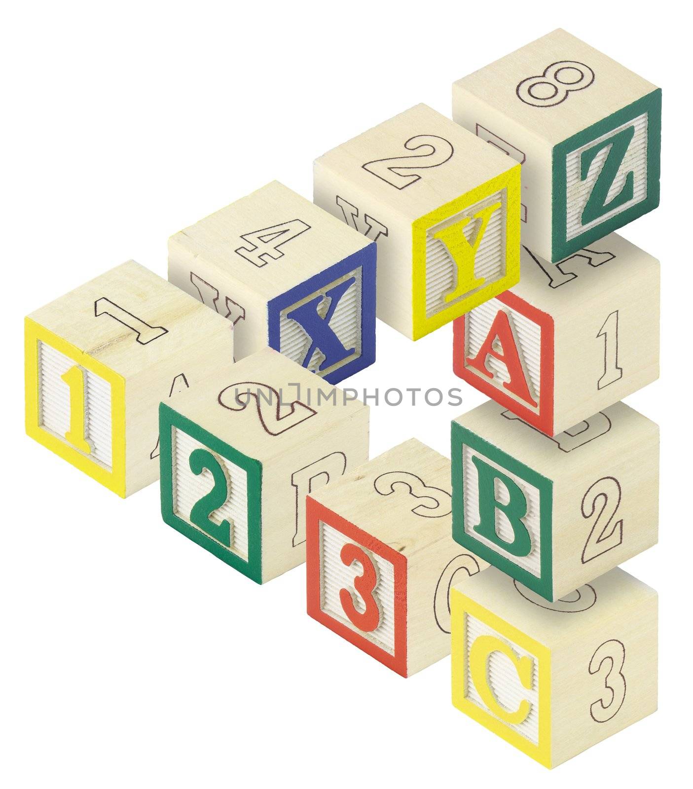 A penrose triangle created from alphabet blocks. Letters A,B,C, X,Y and Z and numbers 123 are featured.