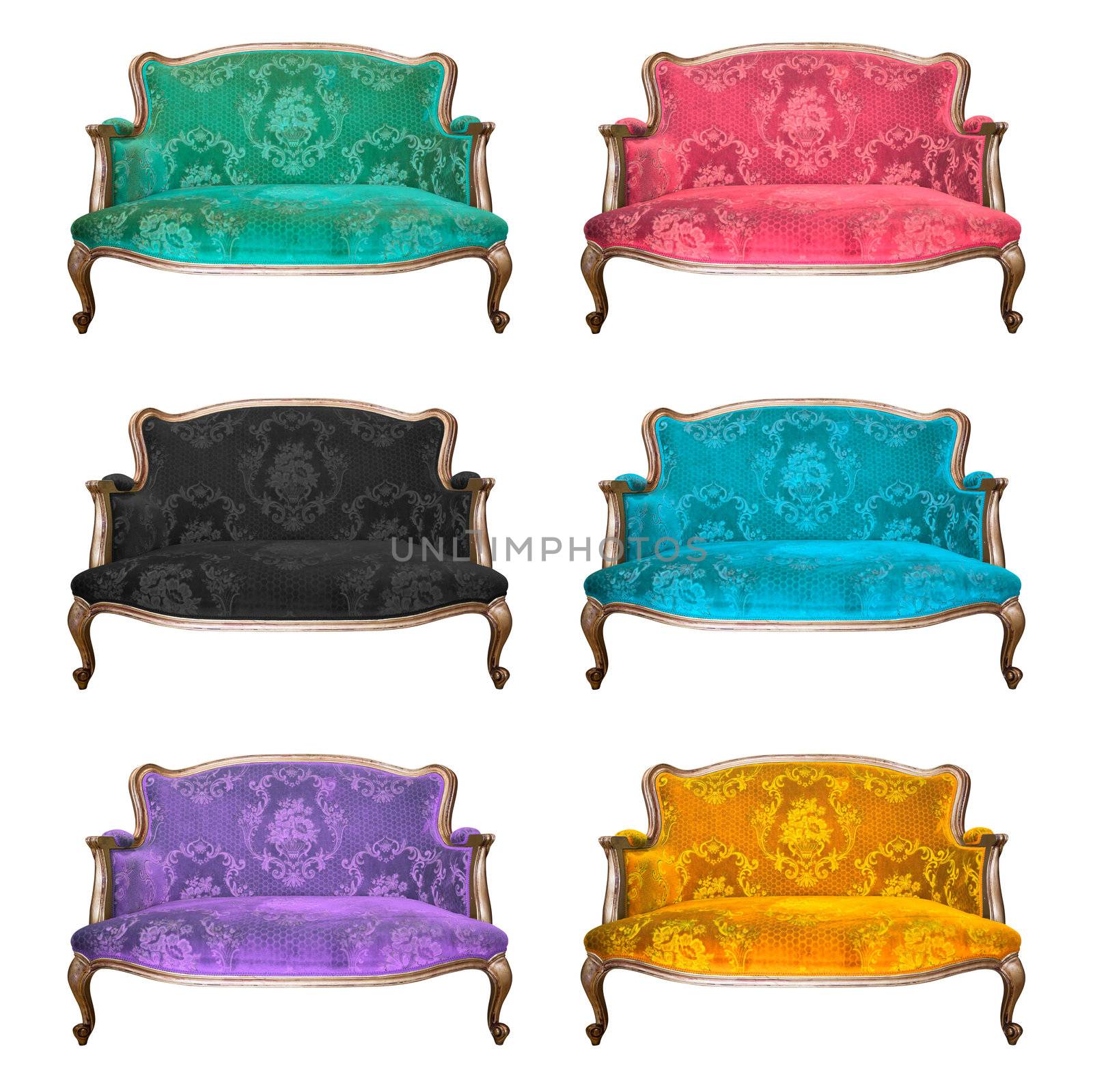 collection of vintage luxury armchair isolated with clipping path