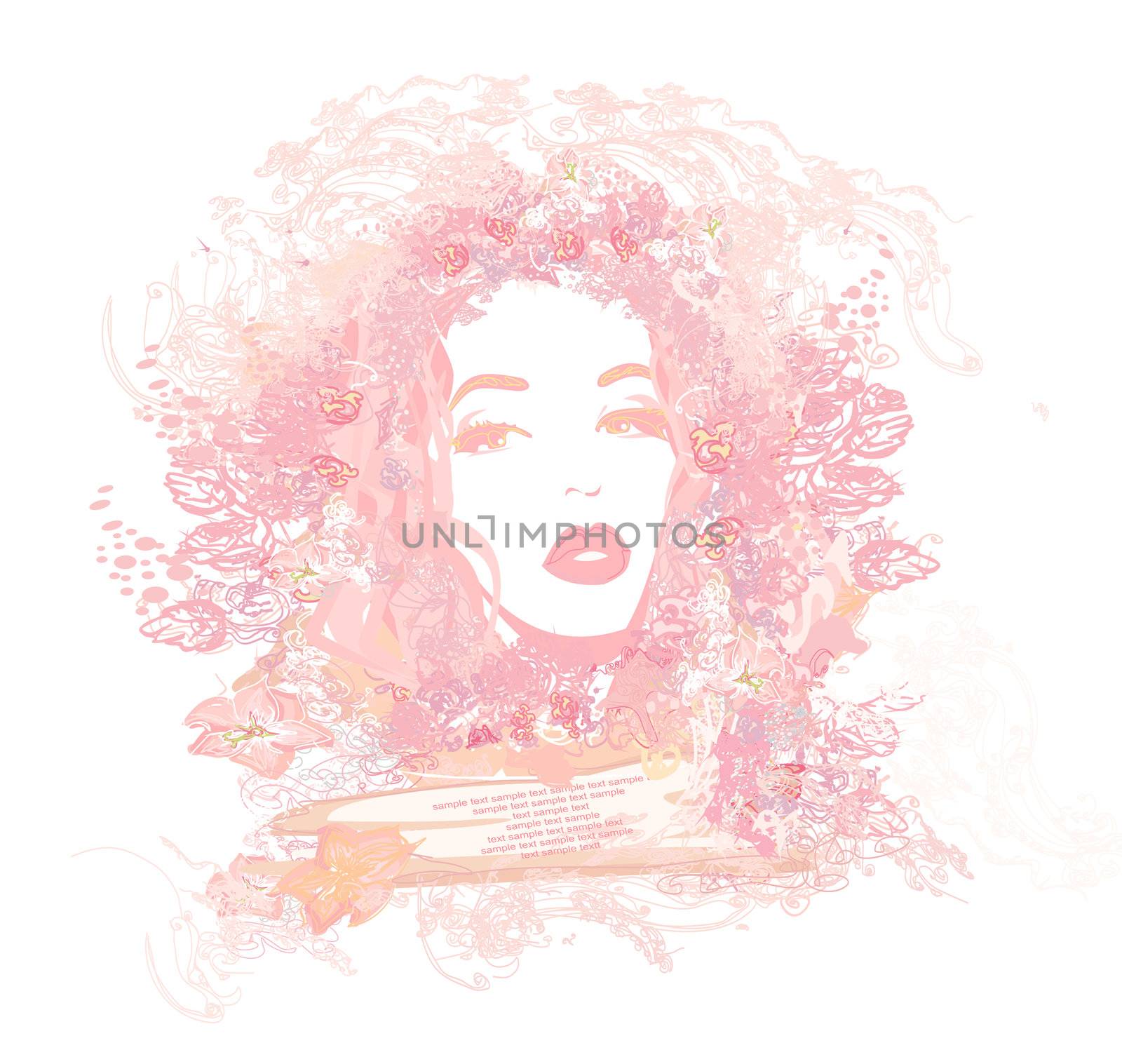 Abstract Beautiful Woman doodle Portrait- floral background