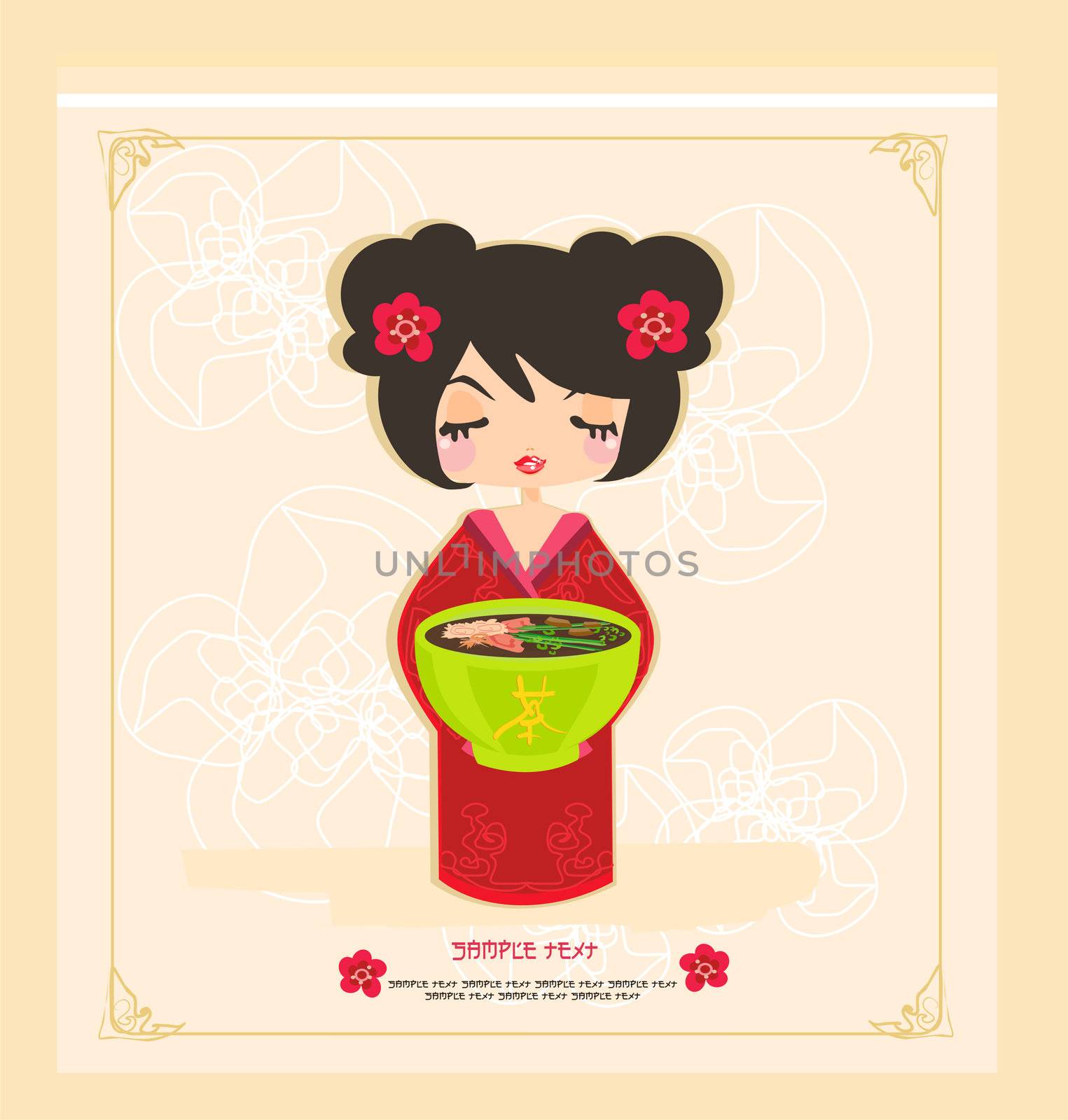 beautiful Asian girl enjoy sushi - menu template