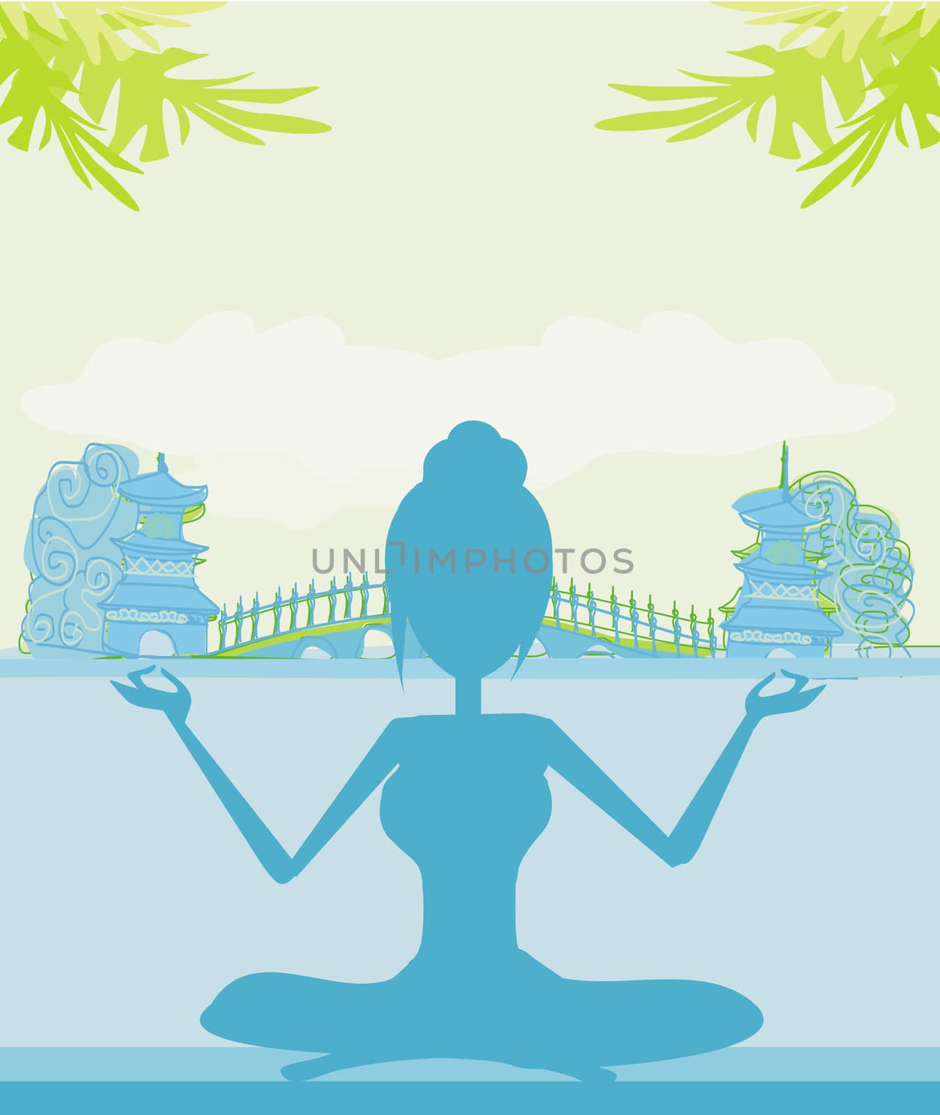Silhouette of a Girl in Yoga pose on Summer background with palm tree by JackyBrown