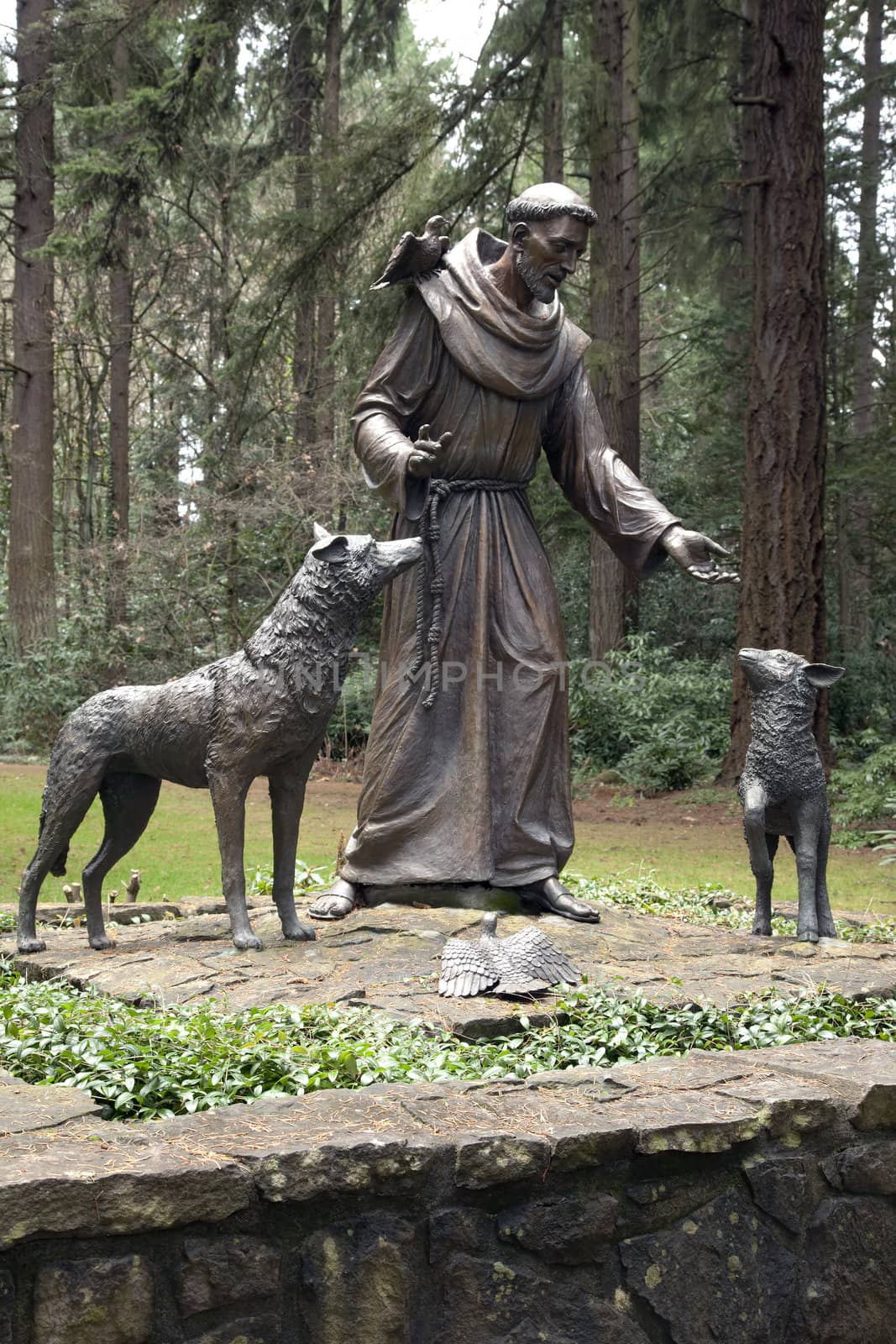 Statue of St. Francis of Assisi in the Grotto park, Portland Oregon.