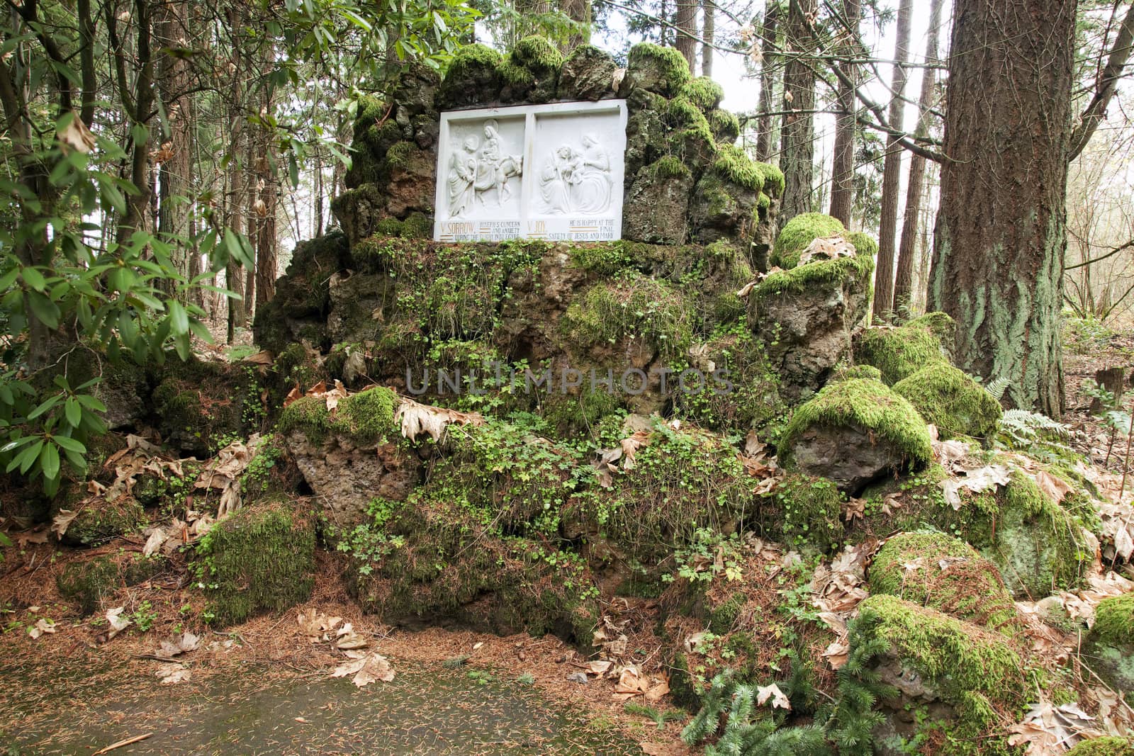 Religious icons along the trail in the Grotto park, Portland Oregon.