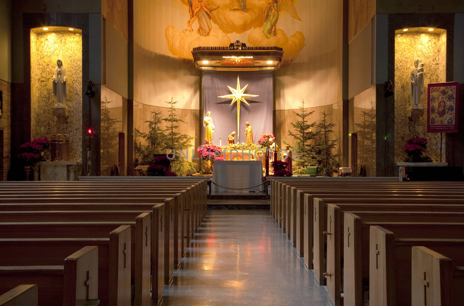 Catholic church interior with nativity scene, Portland OR.