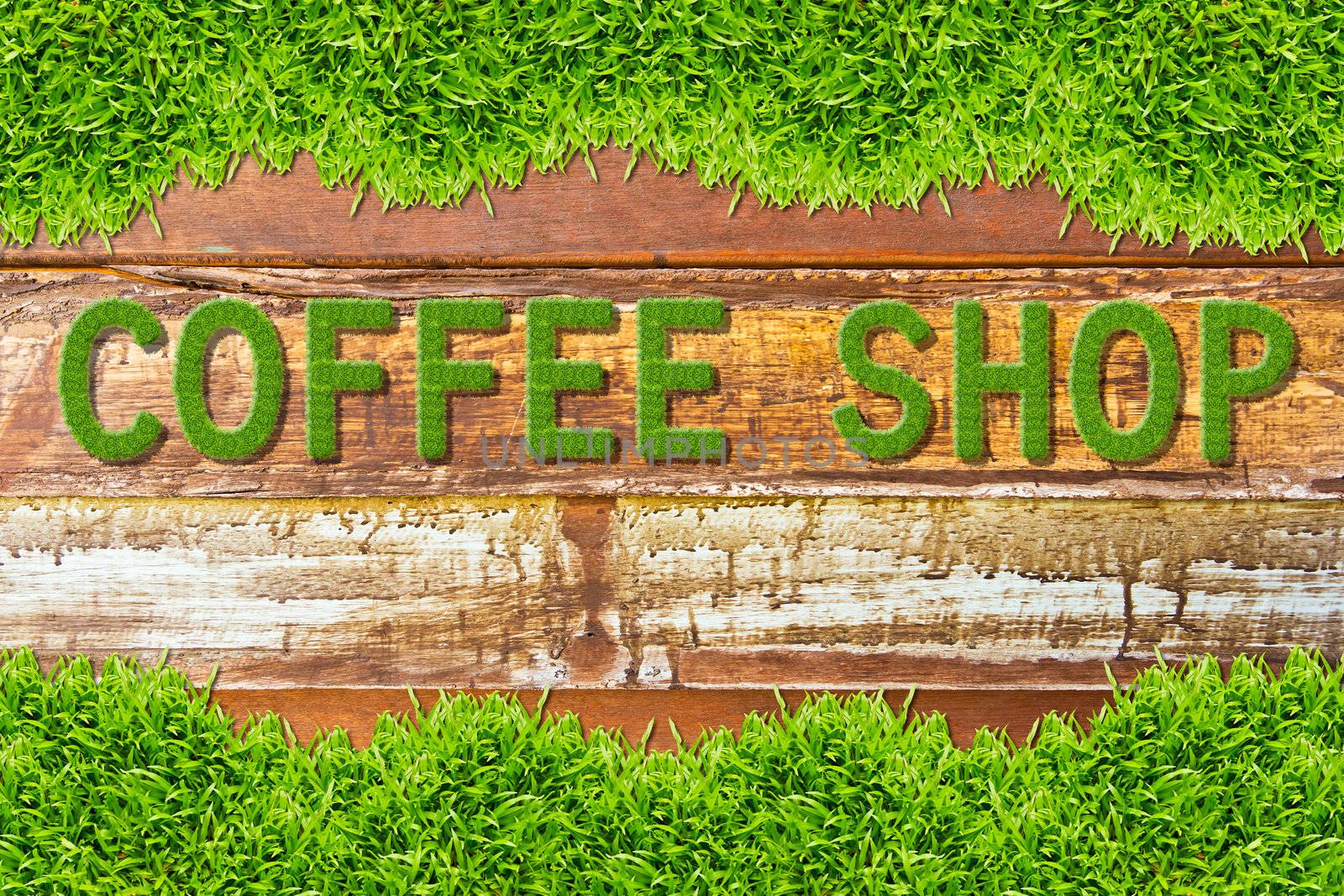 green grass coffee shop word on wood background by tungphoto