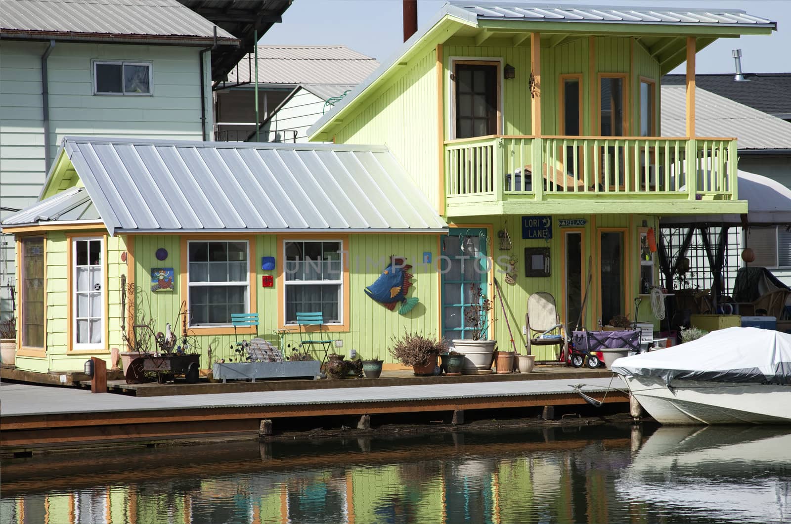A decorated and colorful floating house, Portland OR.