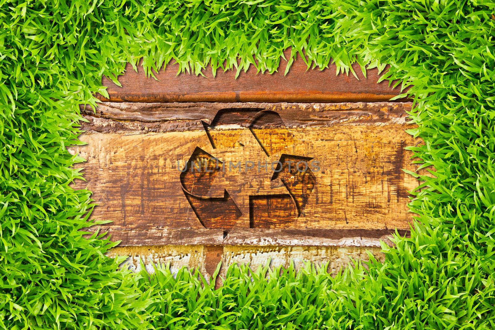 green grass and recycle sign on wood background by tungphoto