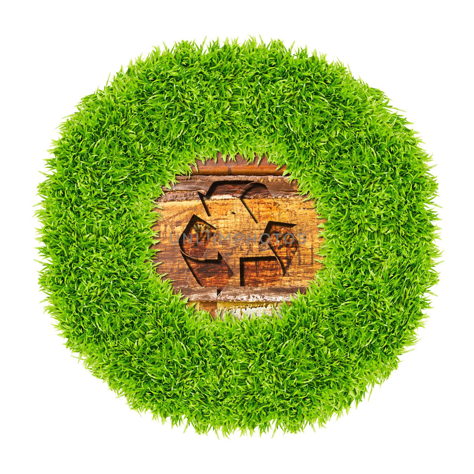 recycle sign and green grass on wood background